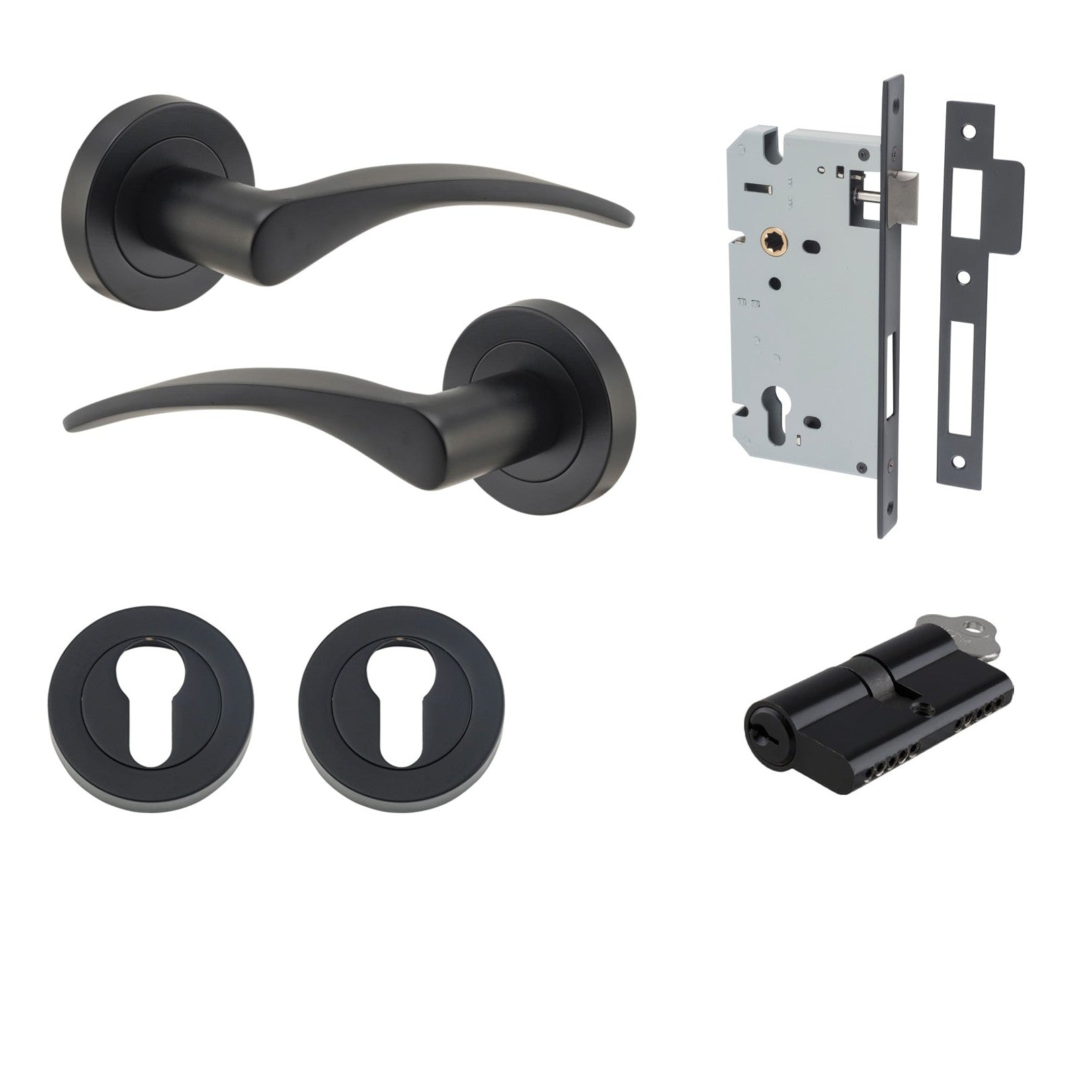 Iver Door Handle Oxford Round Rose Pair Key/Key Matt Black Entrance Kit