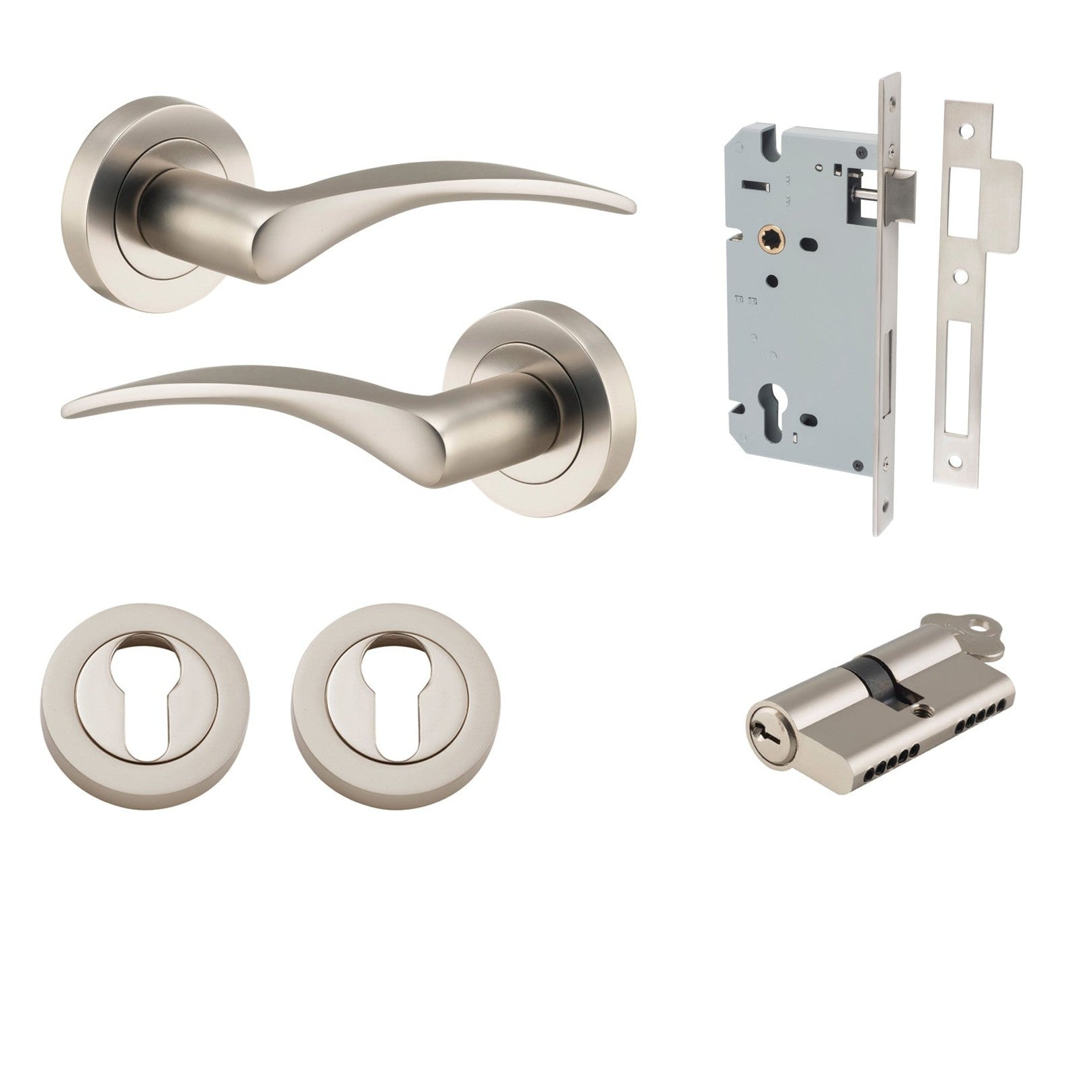 Iver Door Handle Oxford Round Rose Pair Key/Key Satin Nickel Entrance Kit