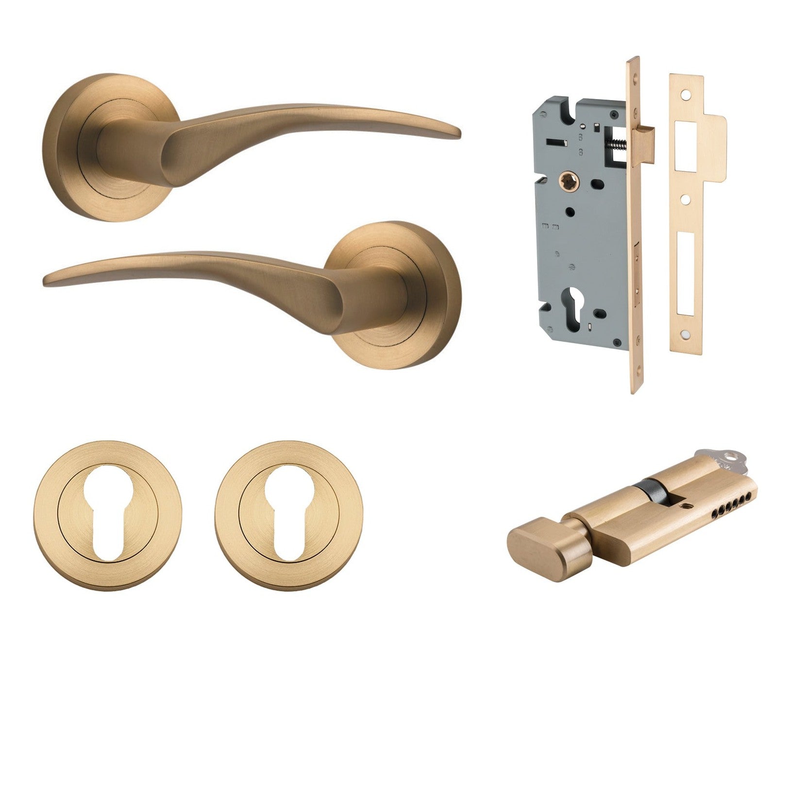 Iver Door Handle Oxford Round Rose Pair Key/Thumb Brushed Brass Entrance Kit