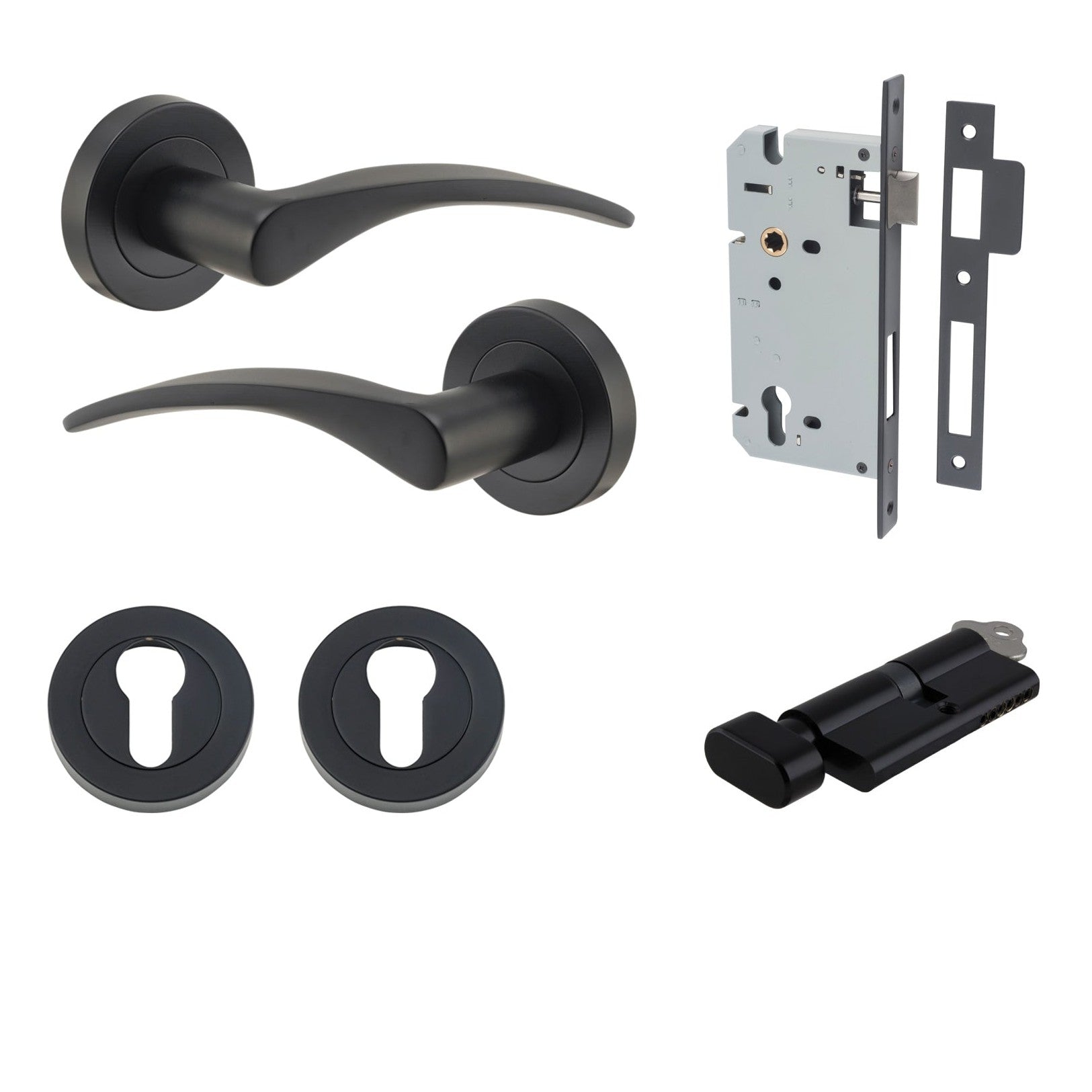 Iver Door Handle Oxford Round Rose Pair Key/Thumb Matt Black Entrance Kit