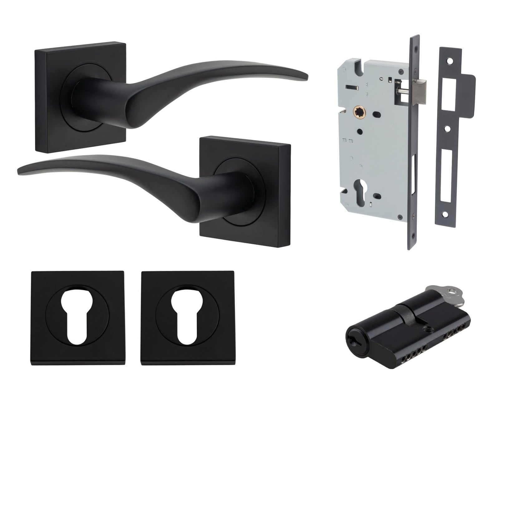 Iver Door Handle Oxford Square Rose Pair Key/Key Matt Black Entrance Kit