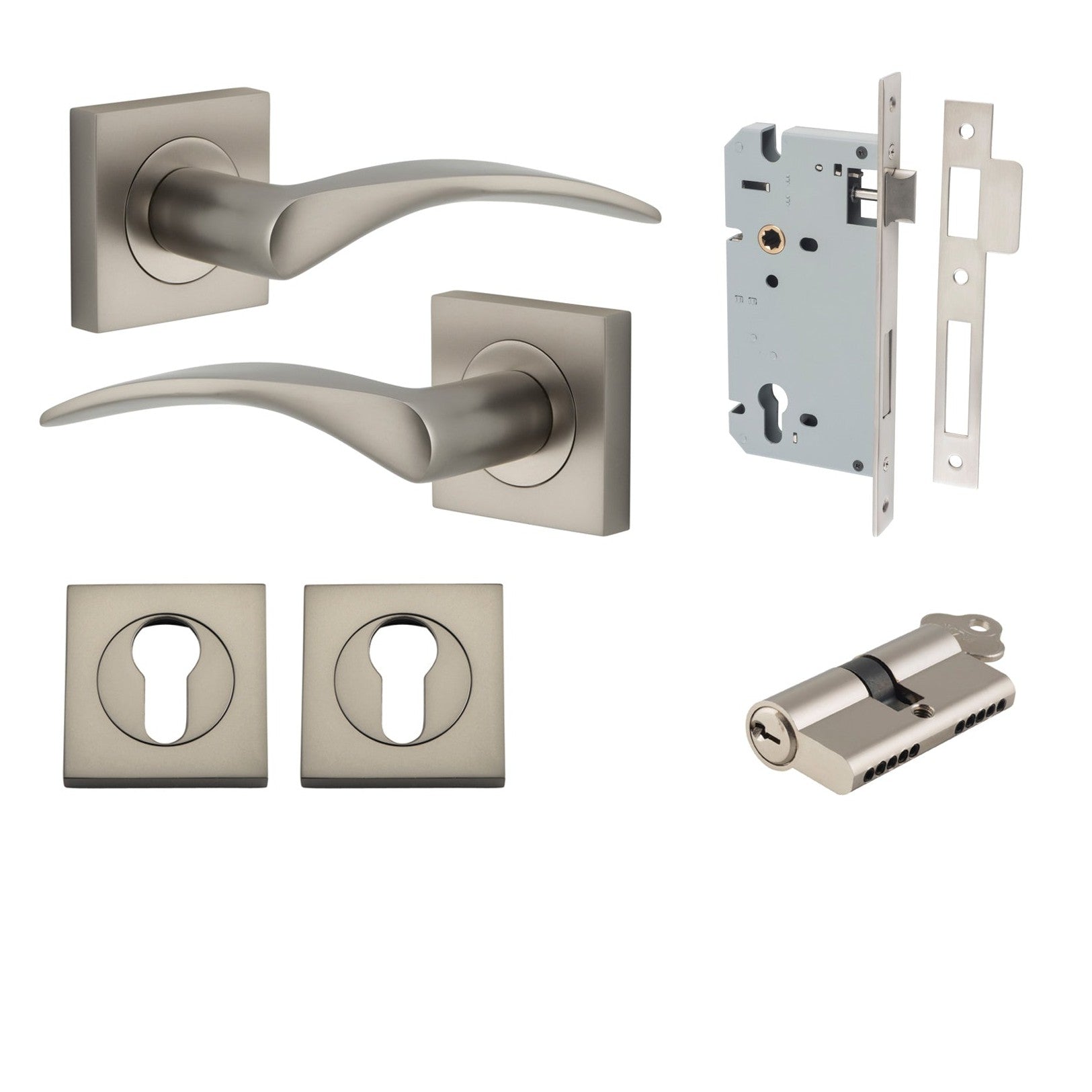 Iver Door Handle Oxford Square Rose Pair Key/Key Satin Nickel Entrance Kit