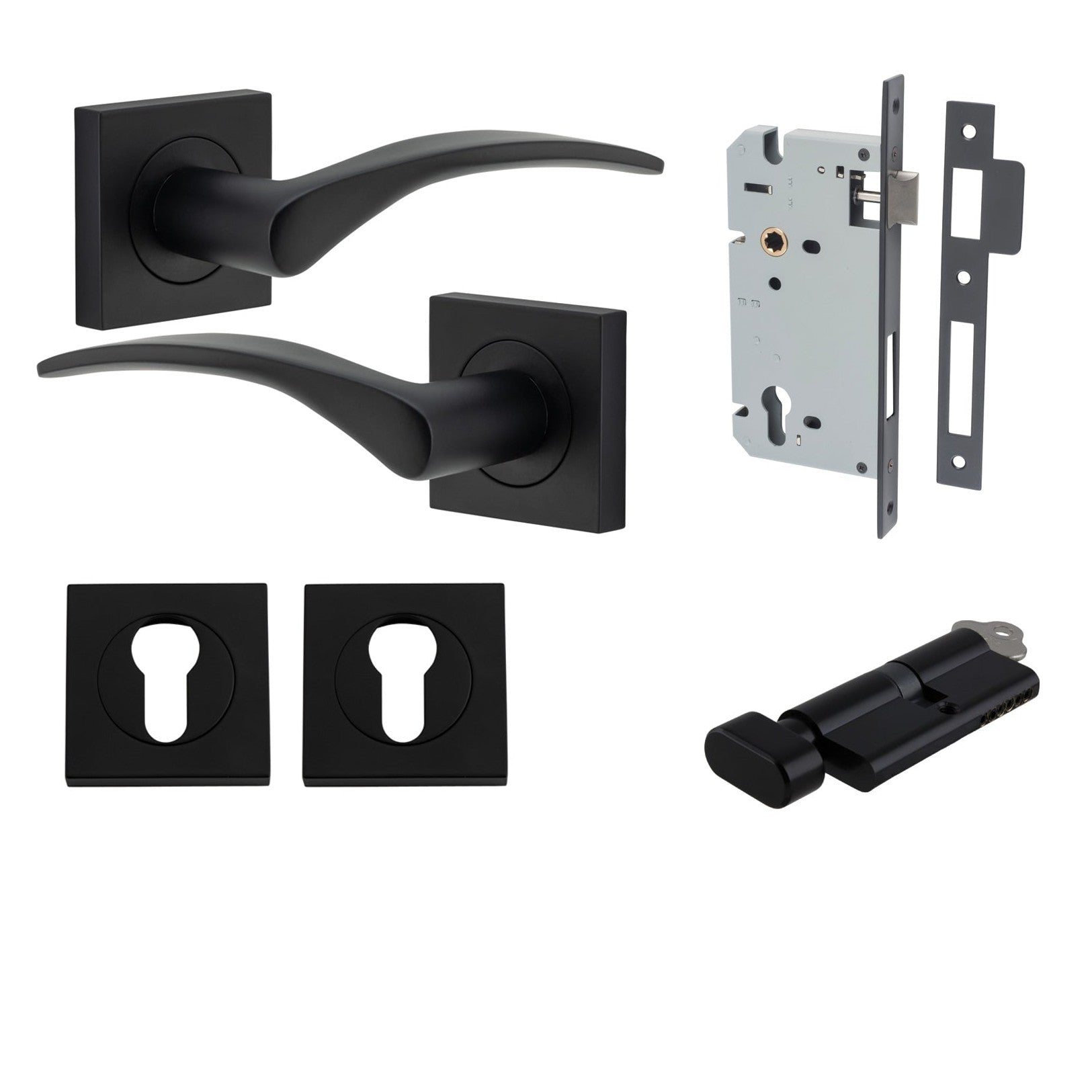 Iver Door Handle Oxford Square Rose Pair Key/Thumb Matt Black Entrance Kit