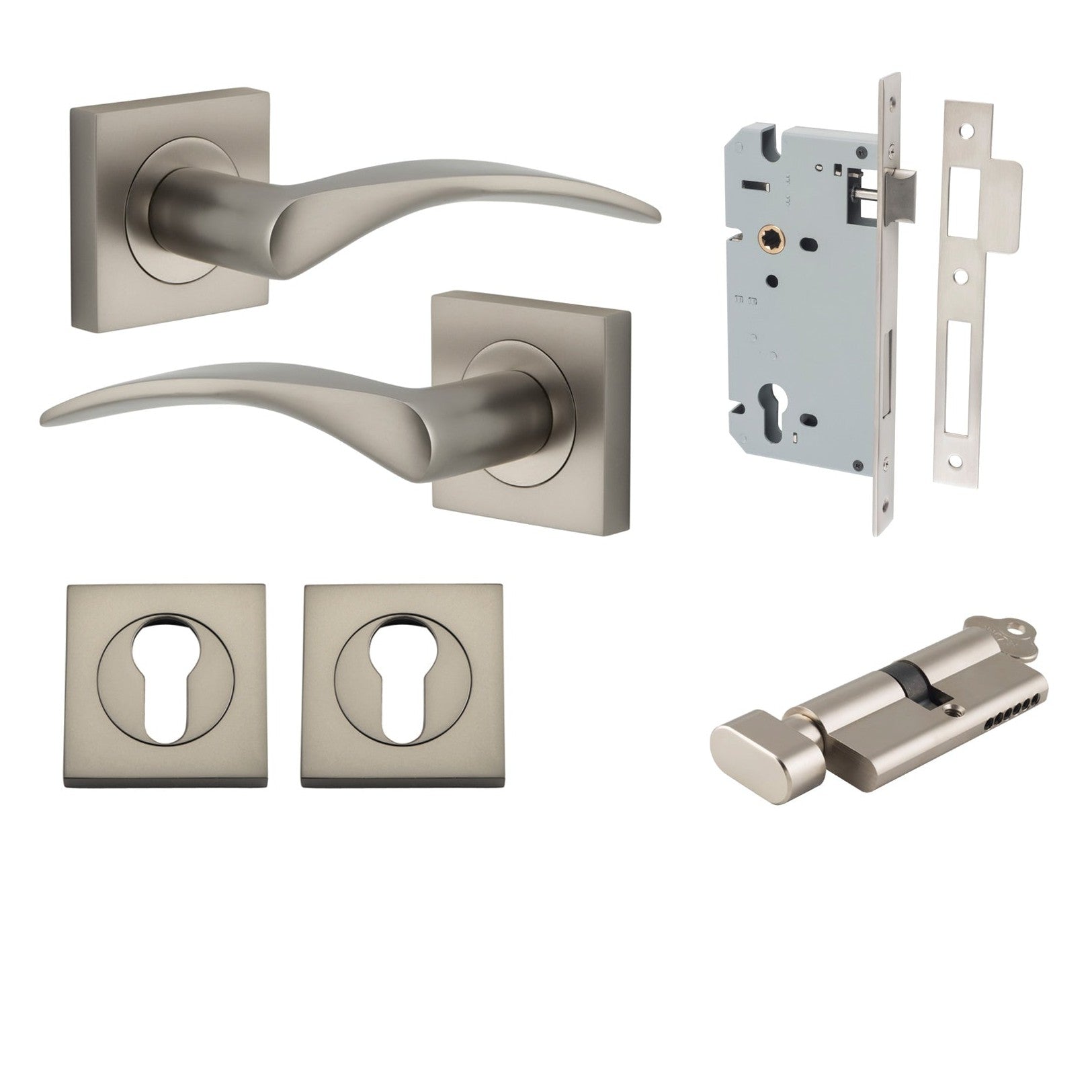 Iver Door Handle Oxford Square Rose Pair Key/Thumb Satin Nickel Entrance Kit