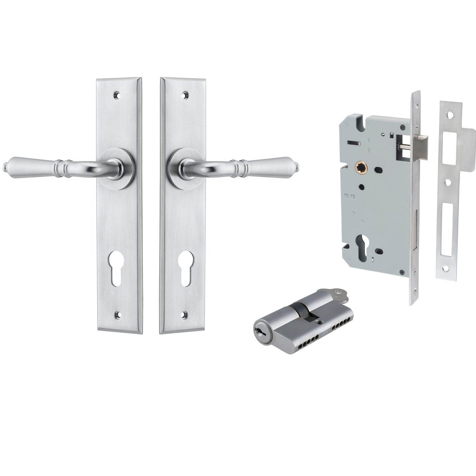 Iver Door Handle Sarlat Chamfered Key/Key Brushed Chrome Entrance Kit