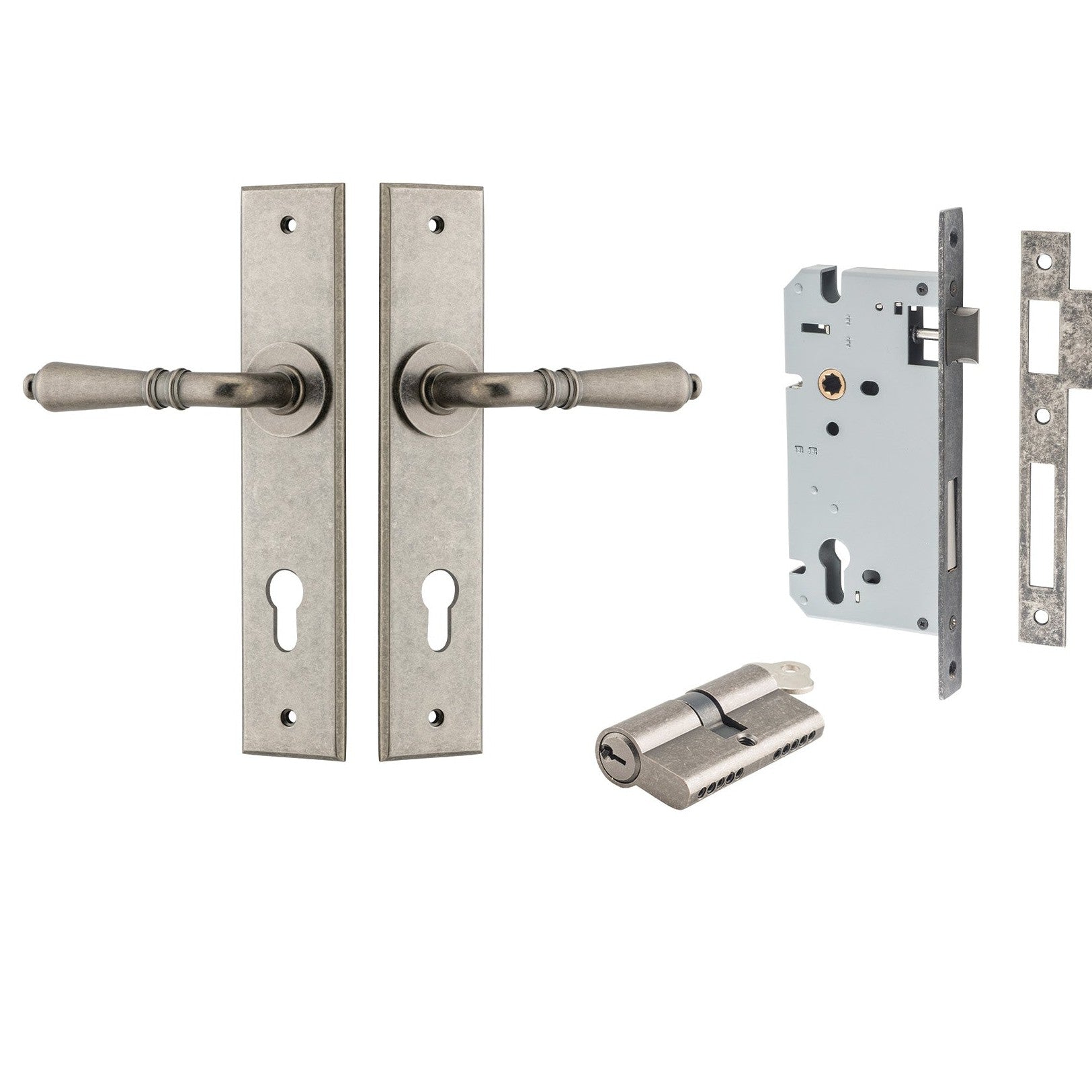 Iver Door Handle Sarlat Chamfered Key/Key Distressed Nickel Entrance Kit