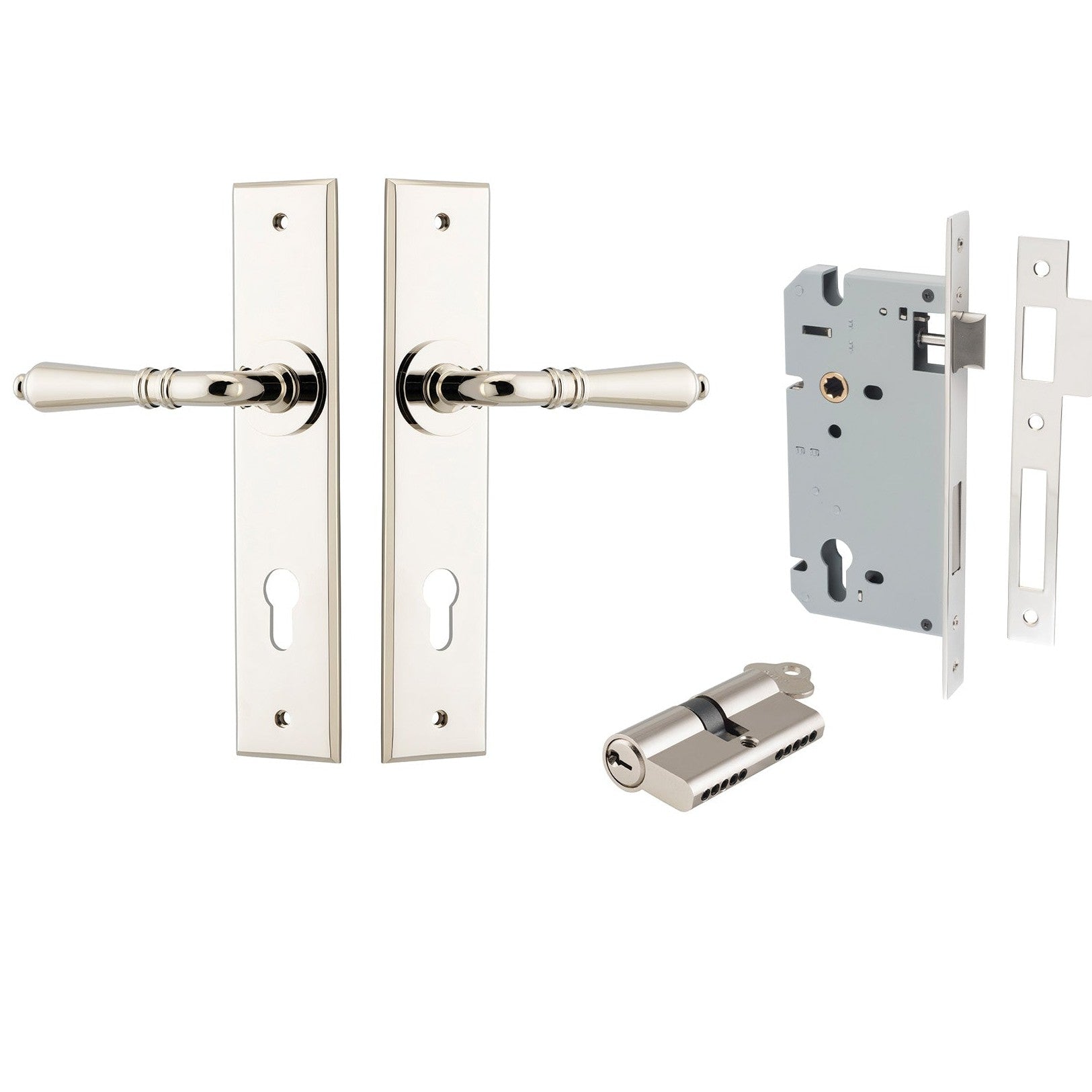 Iver Door Handle Sarlat Chamfered Key/Key Polished Nickel Entrance Kit