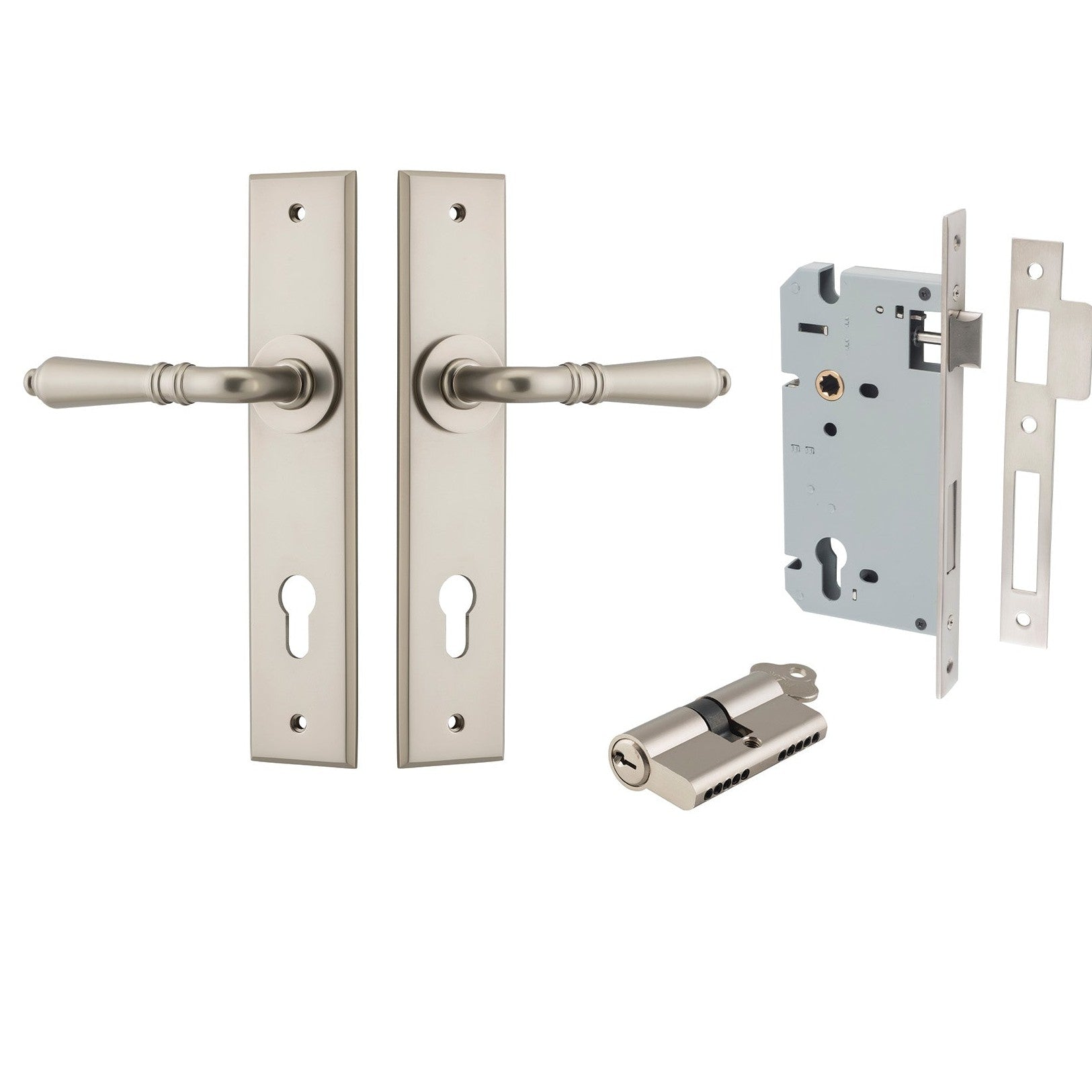 Iver Door Handle Sarlat Chamfered Key/Key Satin Nickel Entrance Kit