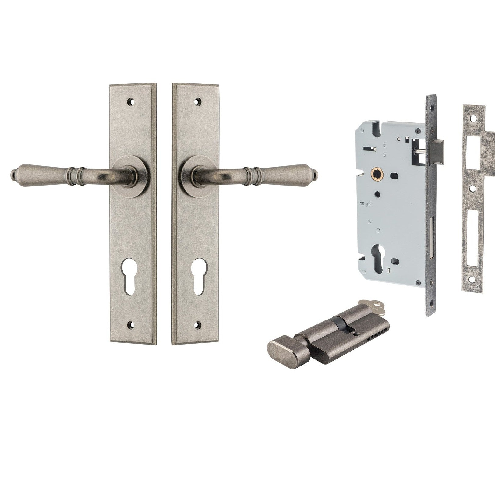 Iver Door Handle Sarlat Chamfered Key/Thumb Distressed Nickel Entrance Kit