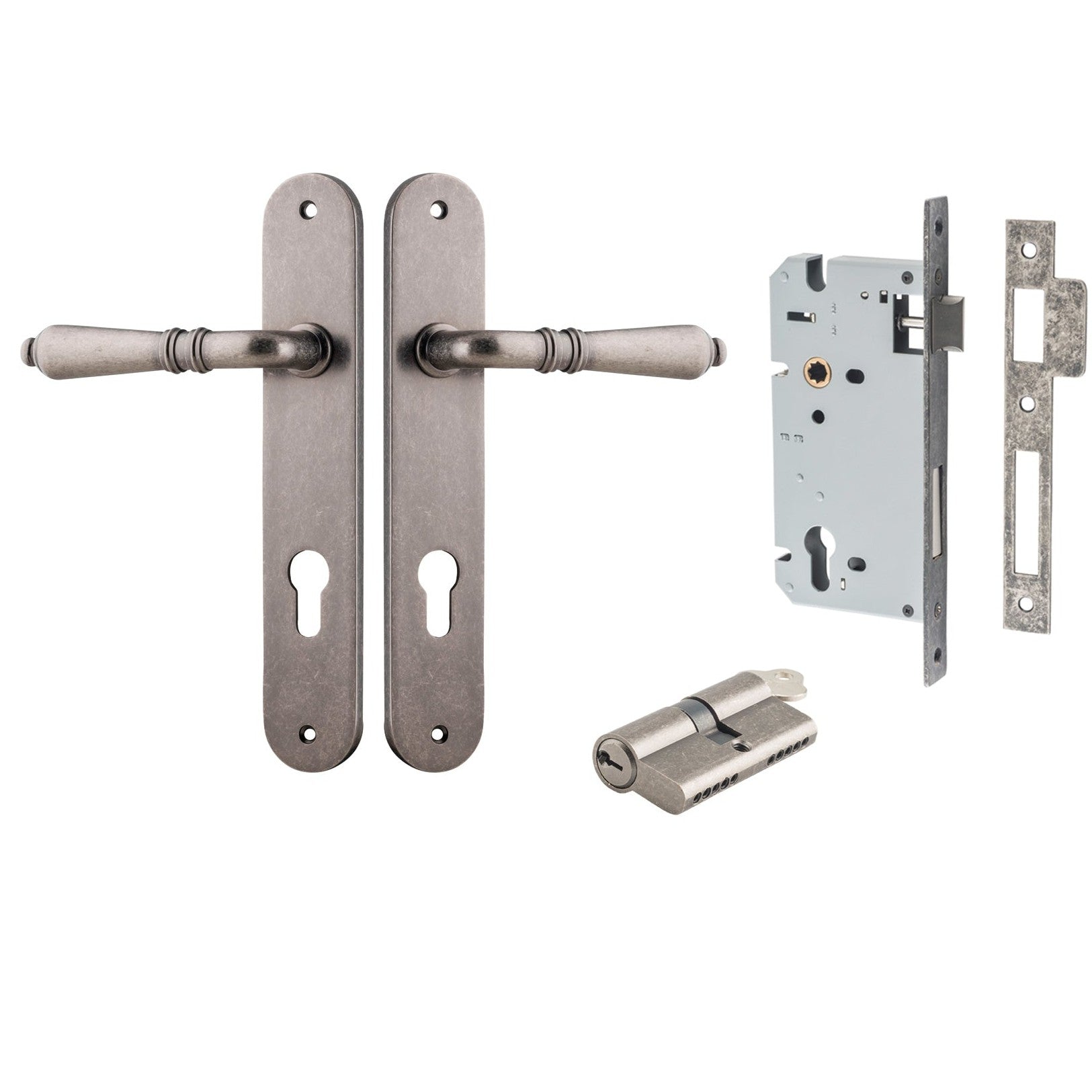 Iver Door Handle Sarlat Oval Euro Key/Key Distressed Nickel Entrance Kit