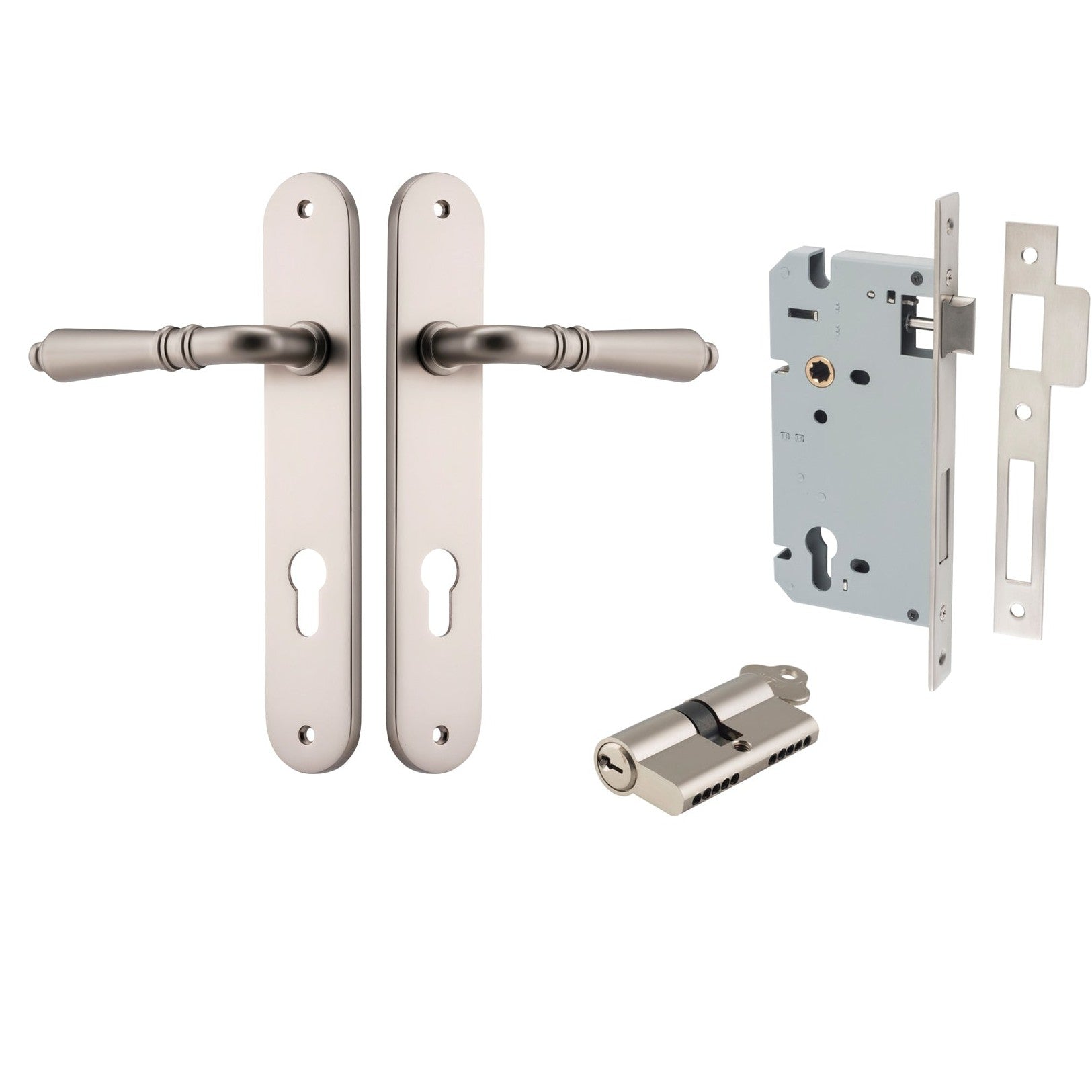 Iver Door Handle Sarlat Oval Euro Key/Key Satin Nickel Entrance Kit