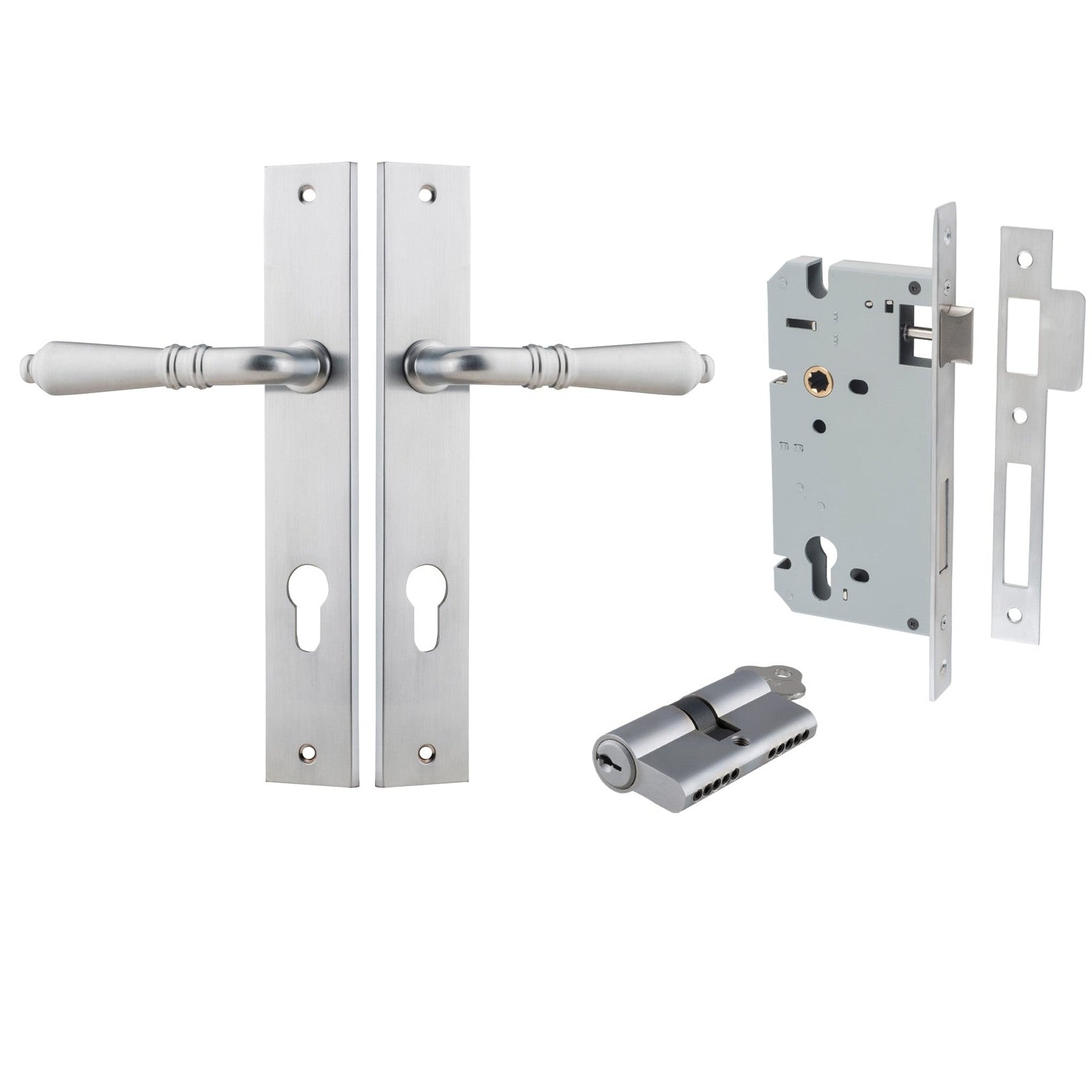 Iver Door Handle Sarlat Rectangular Euro Key/Key Brushed Chrome Entrance Kit