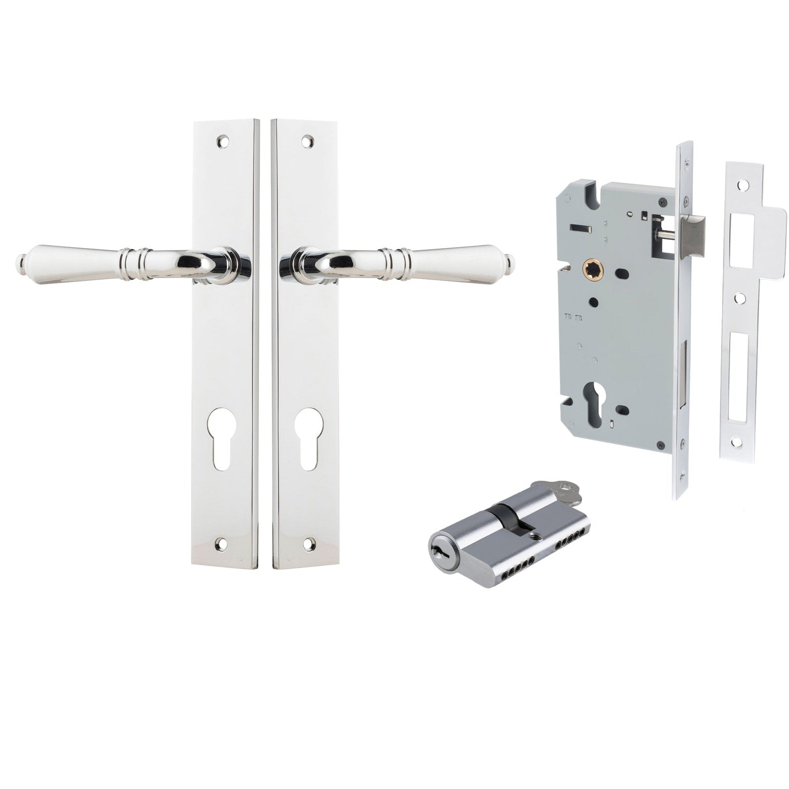 Iver Door Handle Sarlat Rectangular Euro Key/Key Polished Chrome Entrance Kit