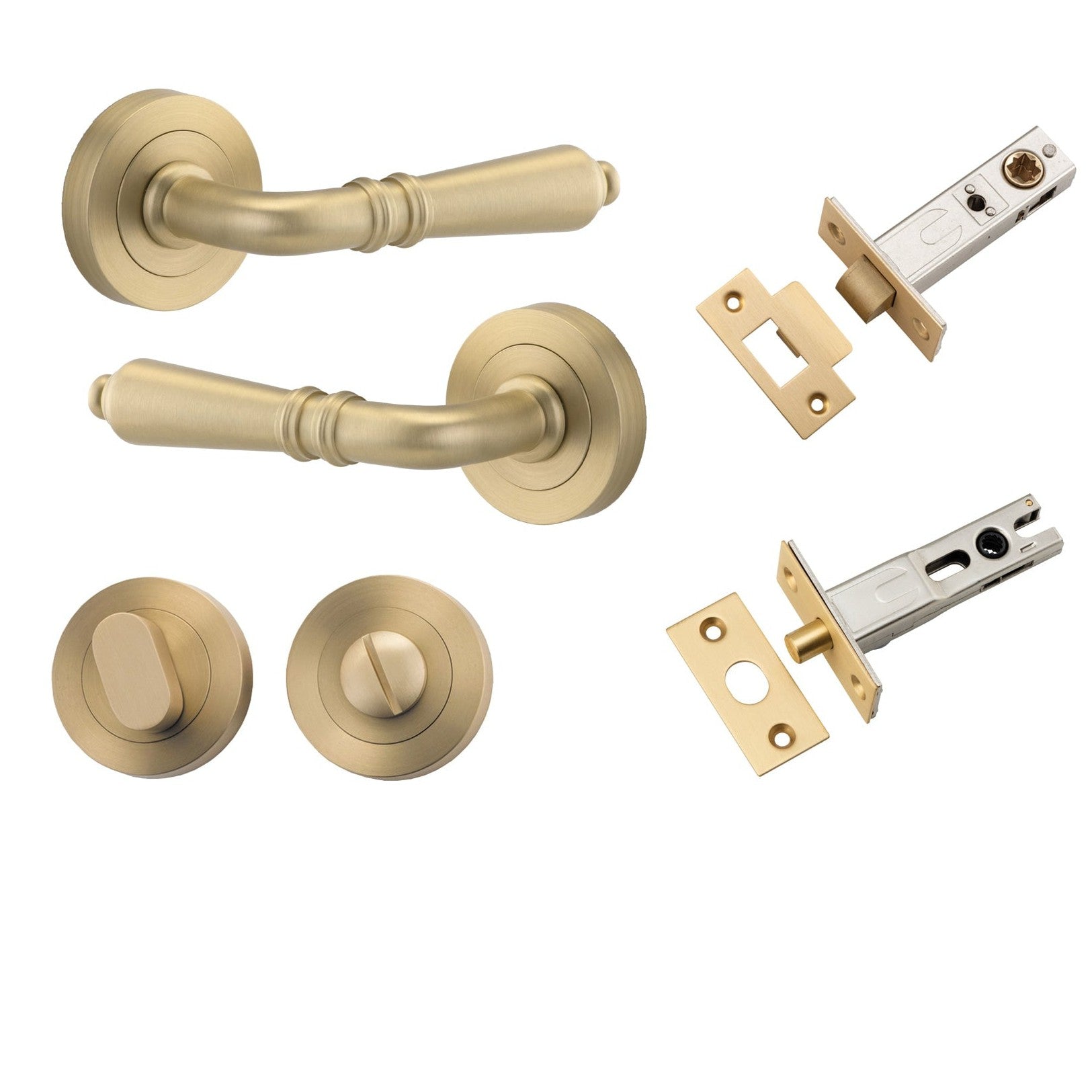 Iver Door Handle Sarlat Round Rose Pair Brushed Brass Privacy Kit