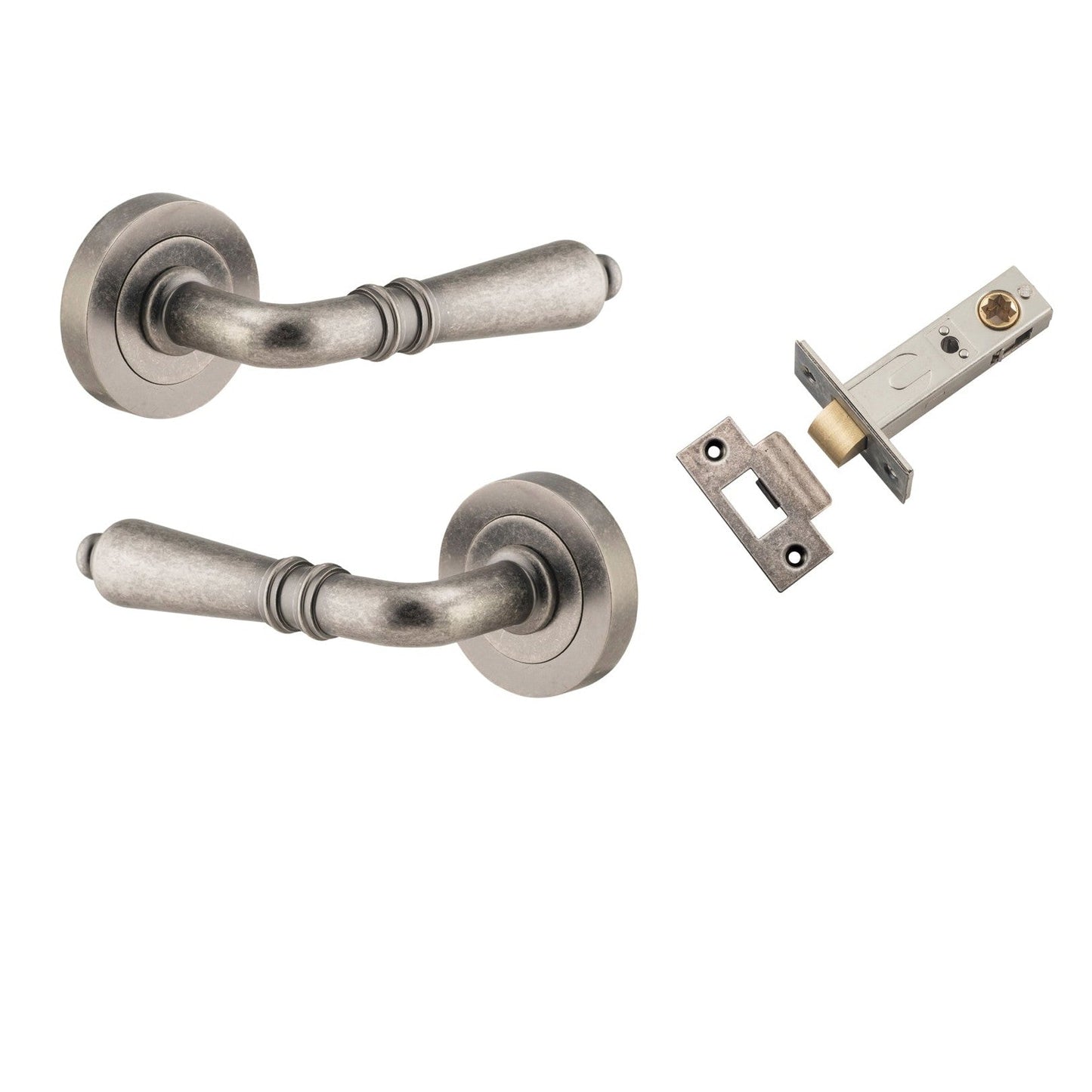 Iver Door Handle Sarlat Round Rose Pair Distressed Nickel Passage Kit