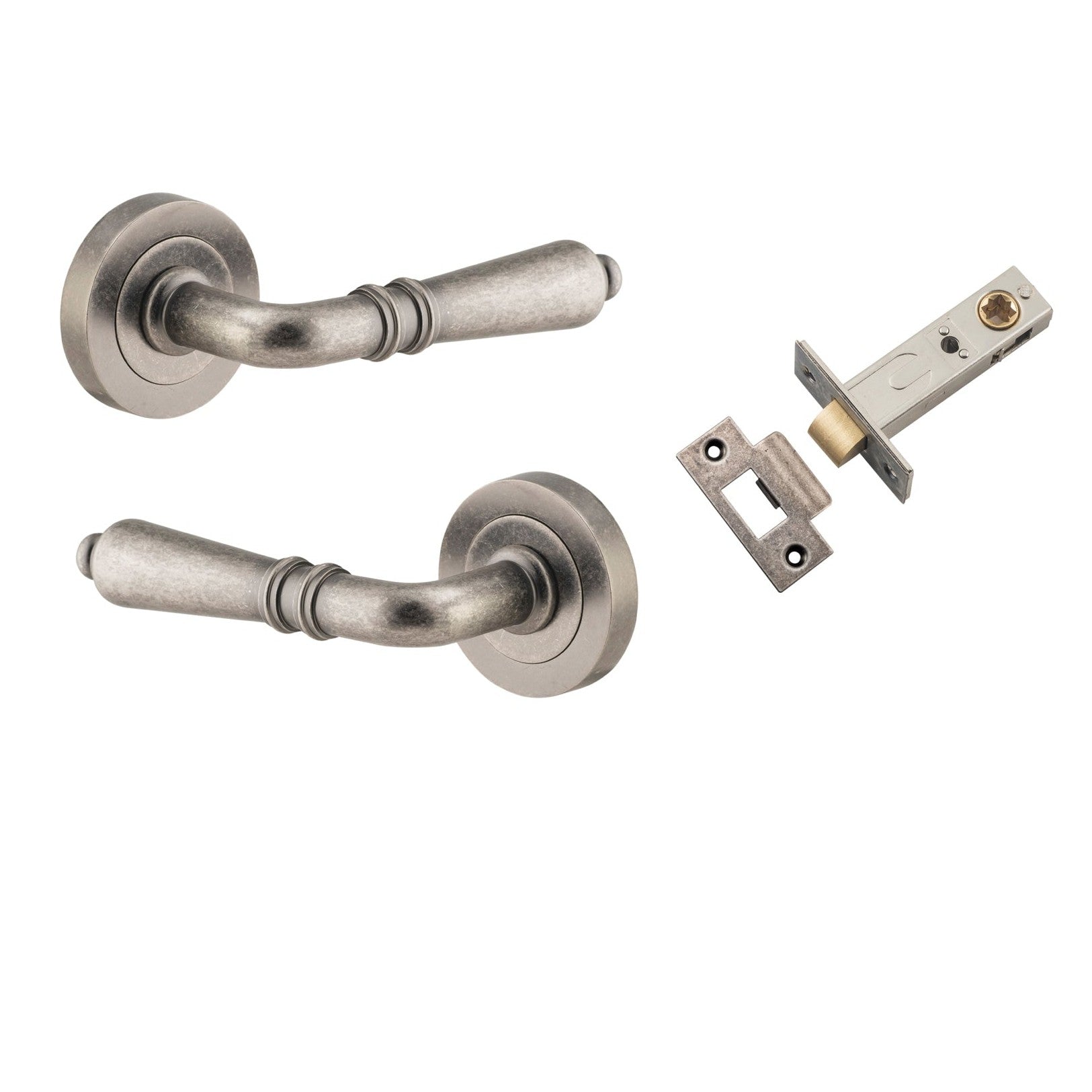 Iver Door Handle Sarlat Round Rose Pair Distressed Nickel Passage Kit