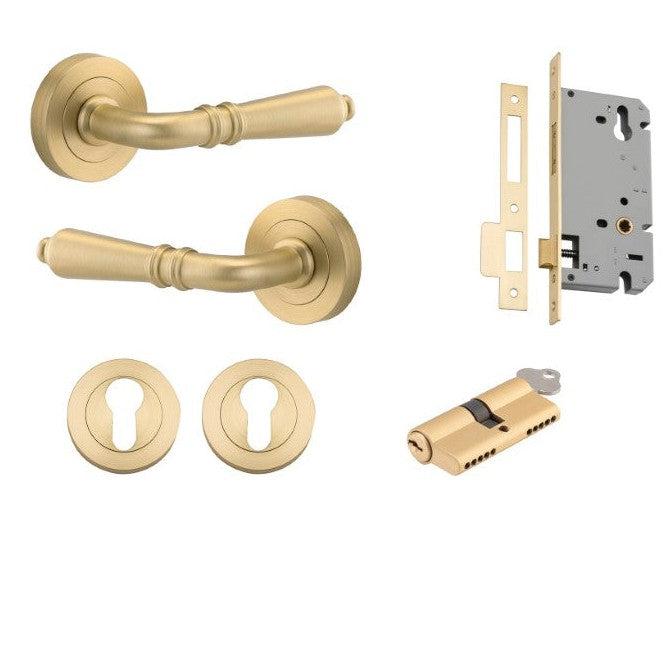 Iver Door Handle Sarlat Round Rose Pair Key/Key Brushed Gold PVD Entrance Kit