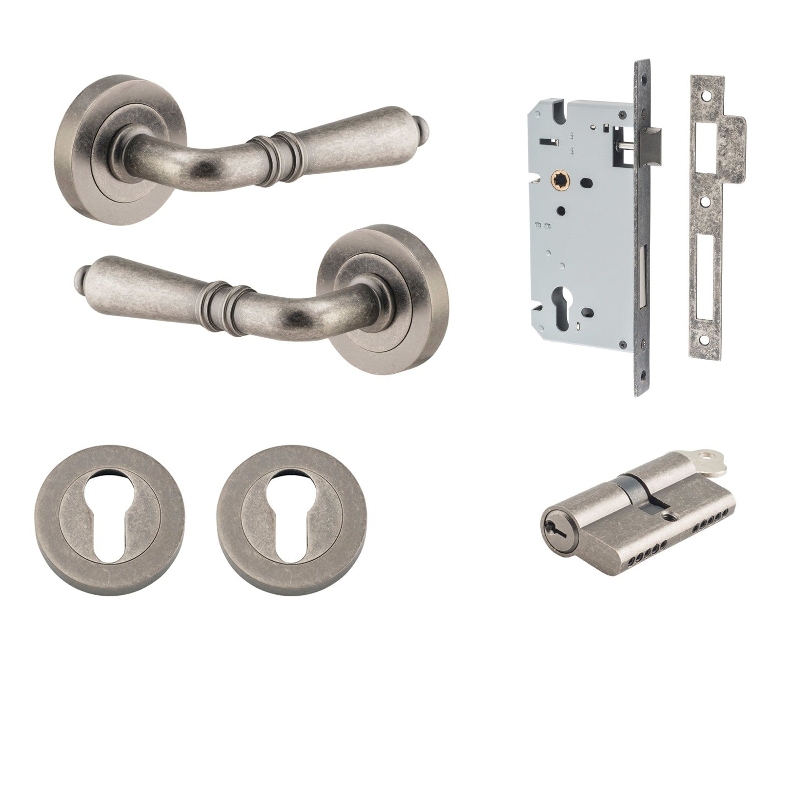 Iver Door Handle Sarlat Round Rose Pair Key/Key Distressed Nickel Entrance Kit