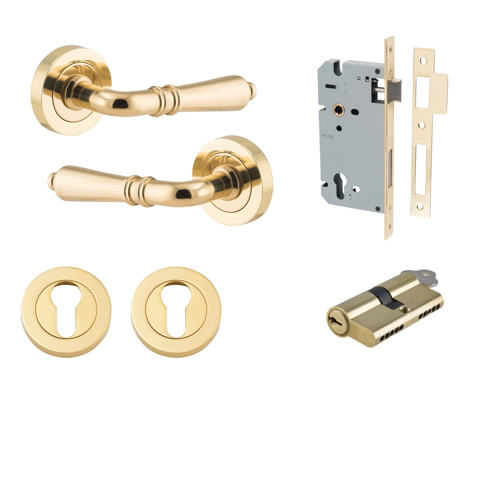 Iver Door Handle Sarlat Round Rose Pair Key/Key Polished Brass Entrance Kit