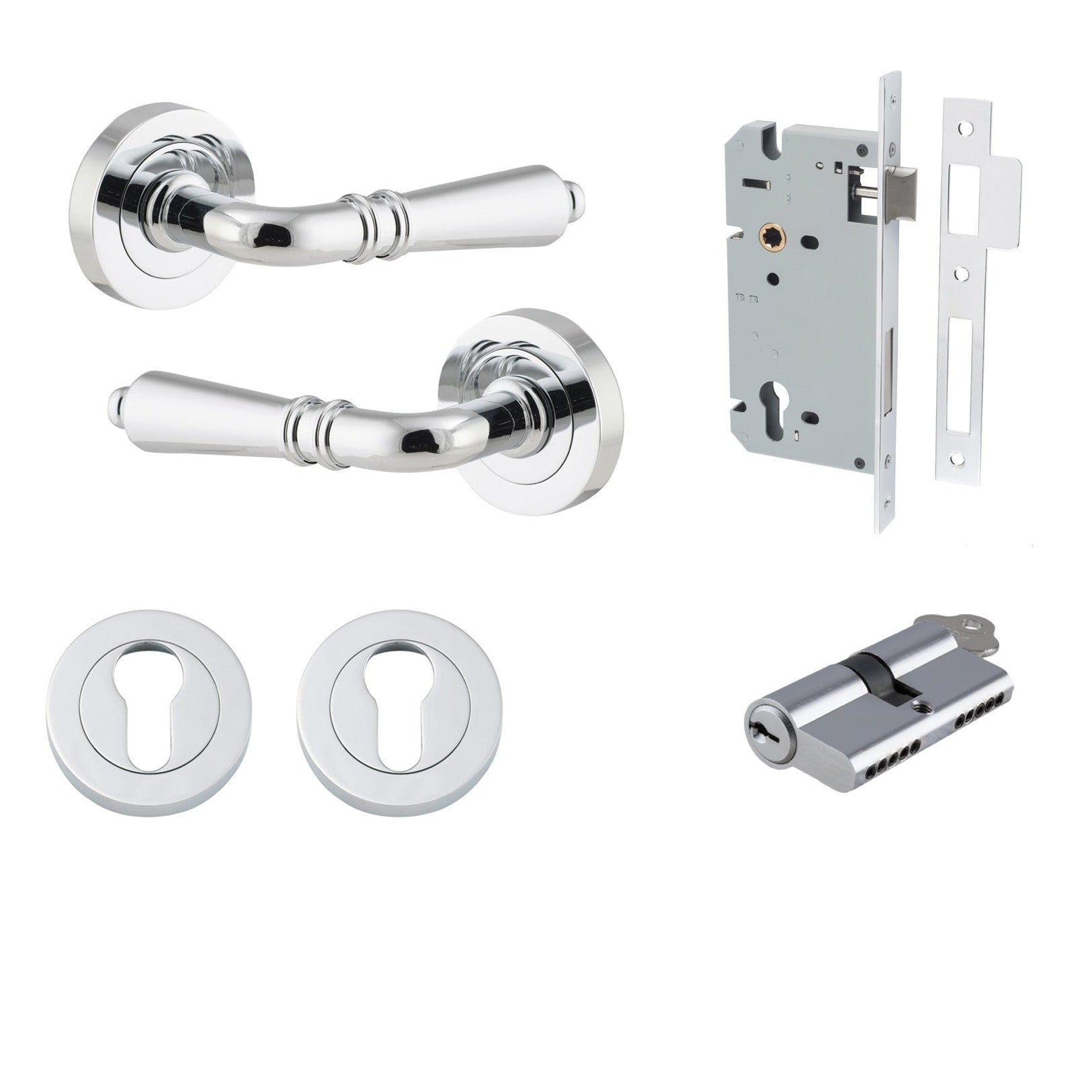 Iver Door Handle Sarlat Round Rose Pair Key/Key Polished Chrome Entrance Kit