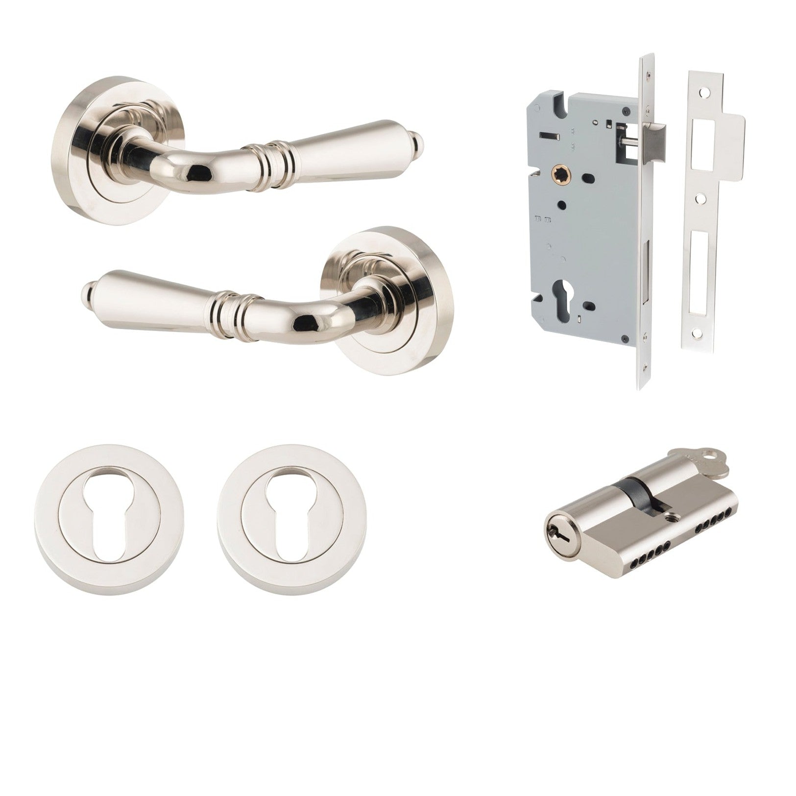 Iver Door Handle Sarlat Round Rose Pair Key/Key Polished Nickel Entrance Kit