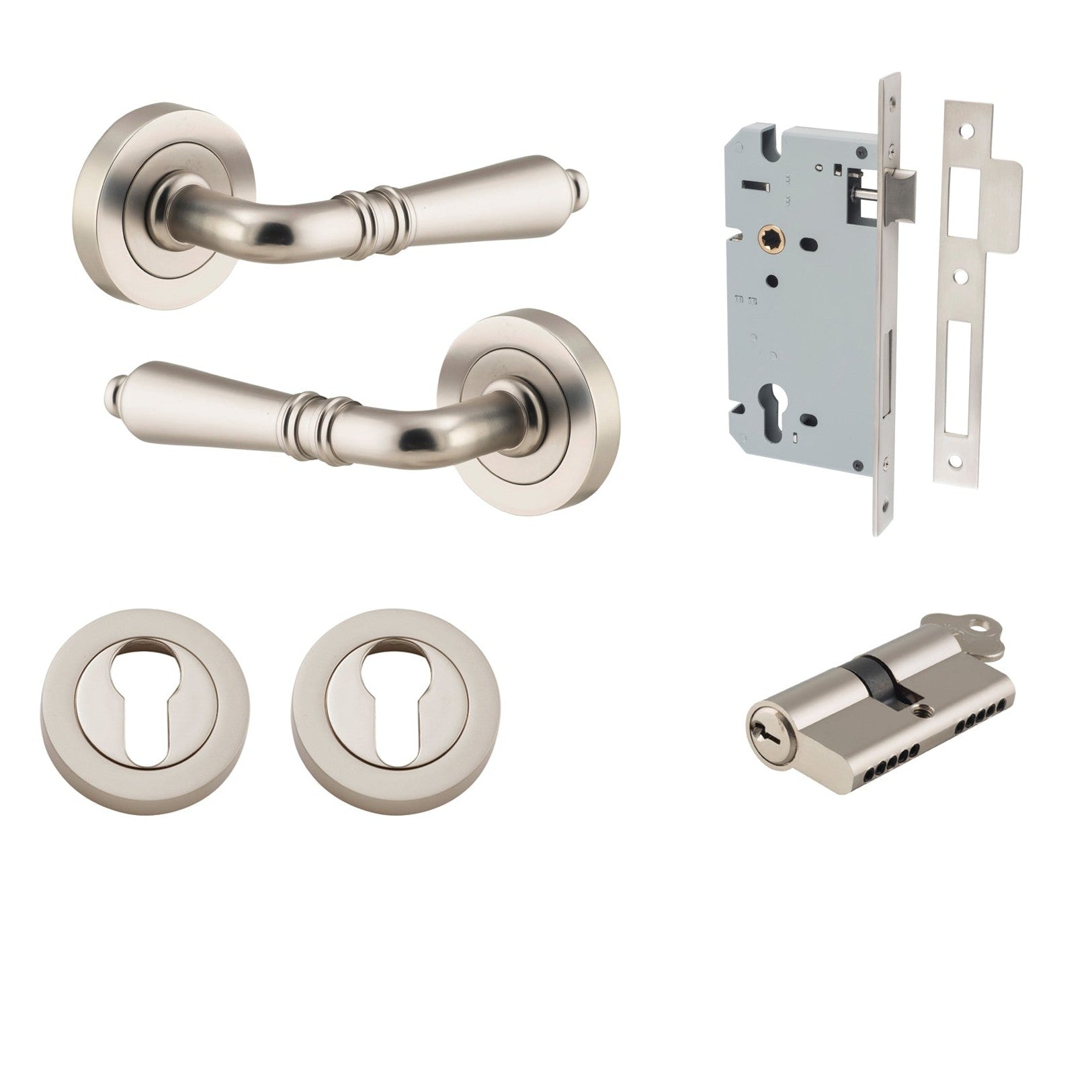 Iver Door Handle Sarlat Round Rose Pair Key/Key Satin Nickel Entrance Kit