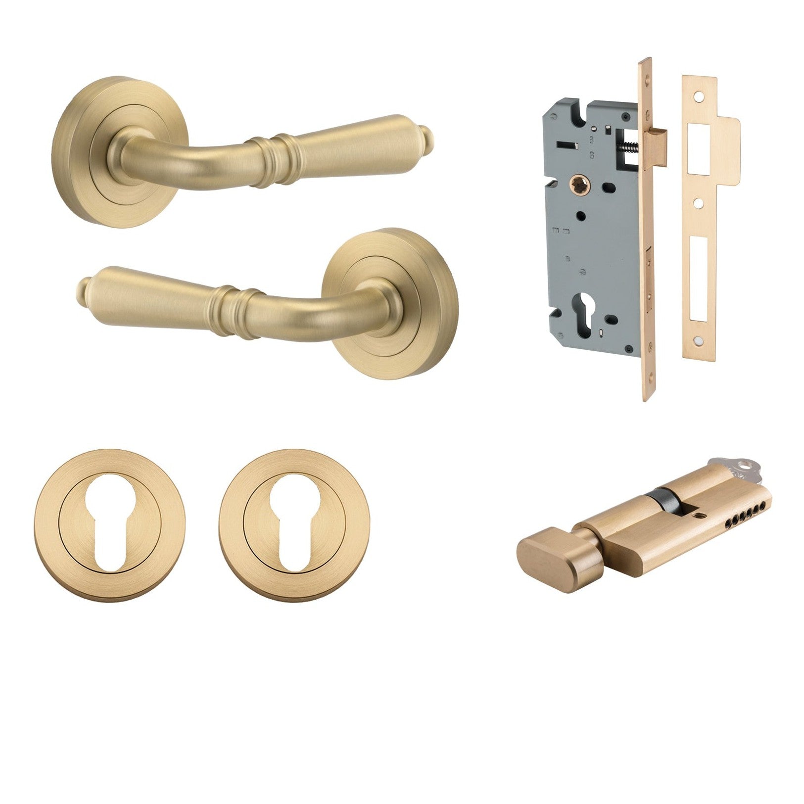 Iver Door Handle Sarlat Round Rose Pair Key/Thumb Brushed Brass Entrance Kit