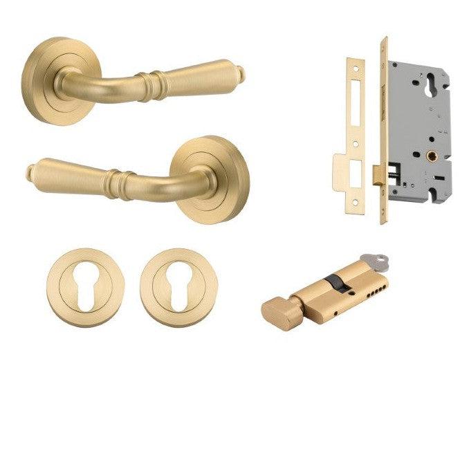 Iver Door Handle Sarlat Round Rose Pair Key/Thumb Brushed Gold PVD Entrance Kit