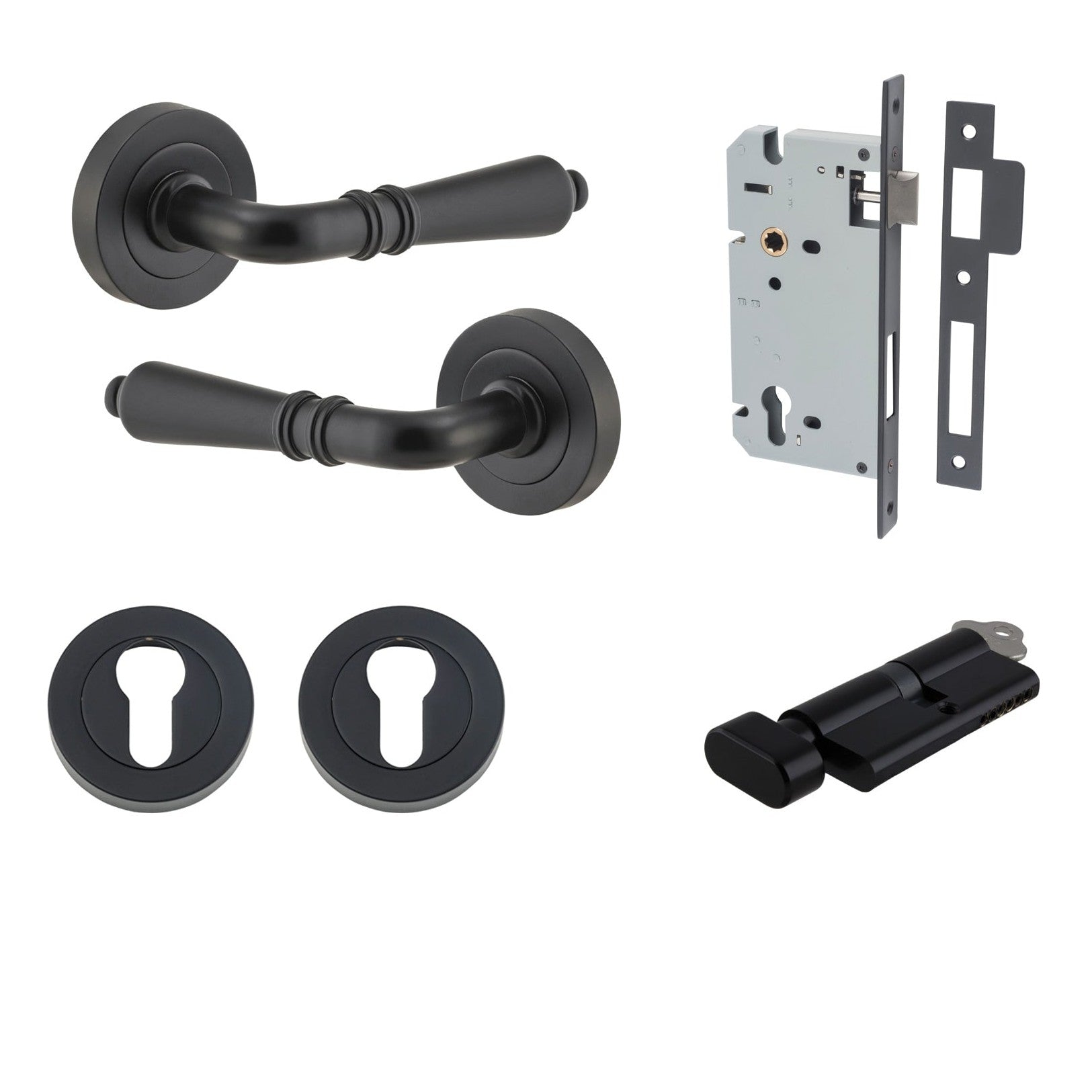 Iver Door Handle Sarlat Round Rose Pair Key/Thumb Matt Black Entrance Kit