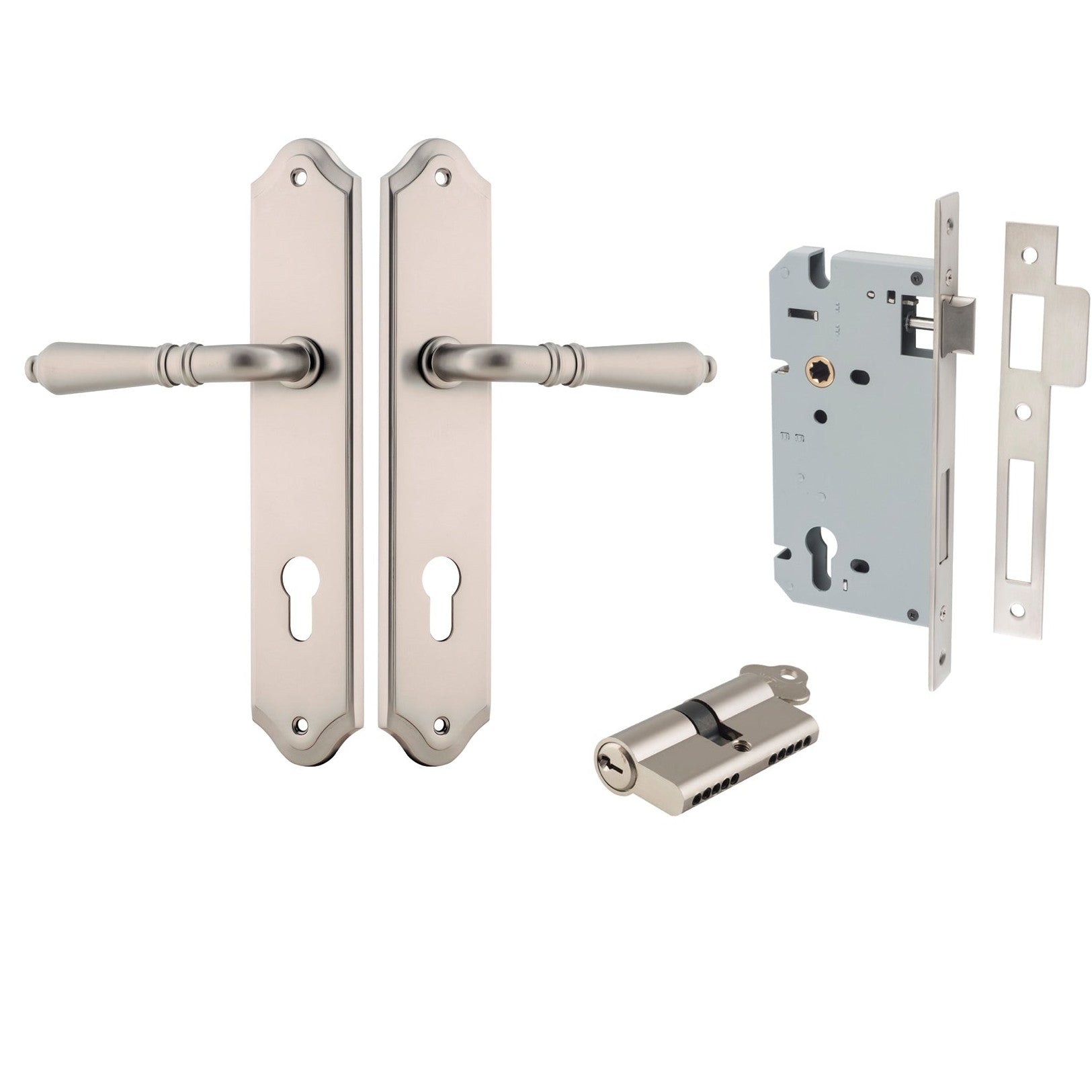 Iver Door Handle Sarlat Shouldered Euro Key/Key Satin Nickel Entrance Kit