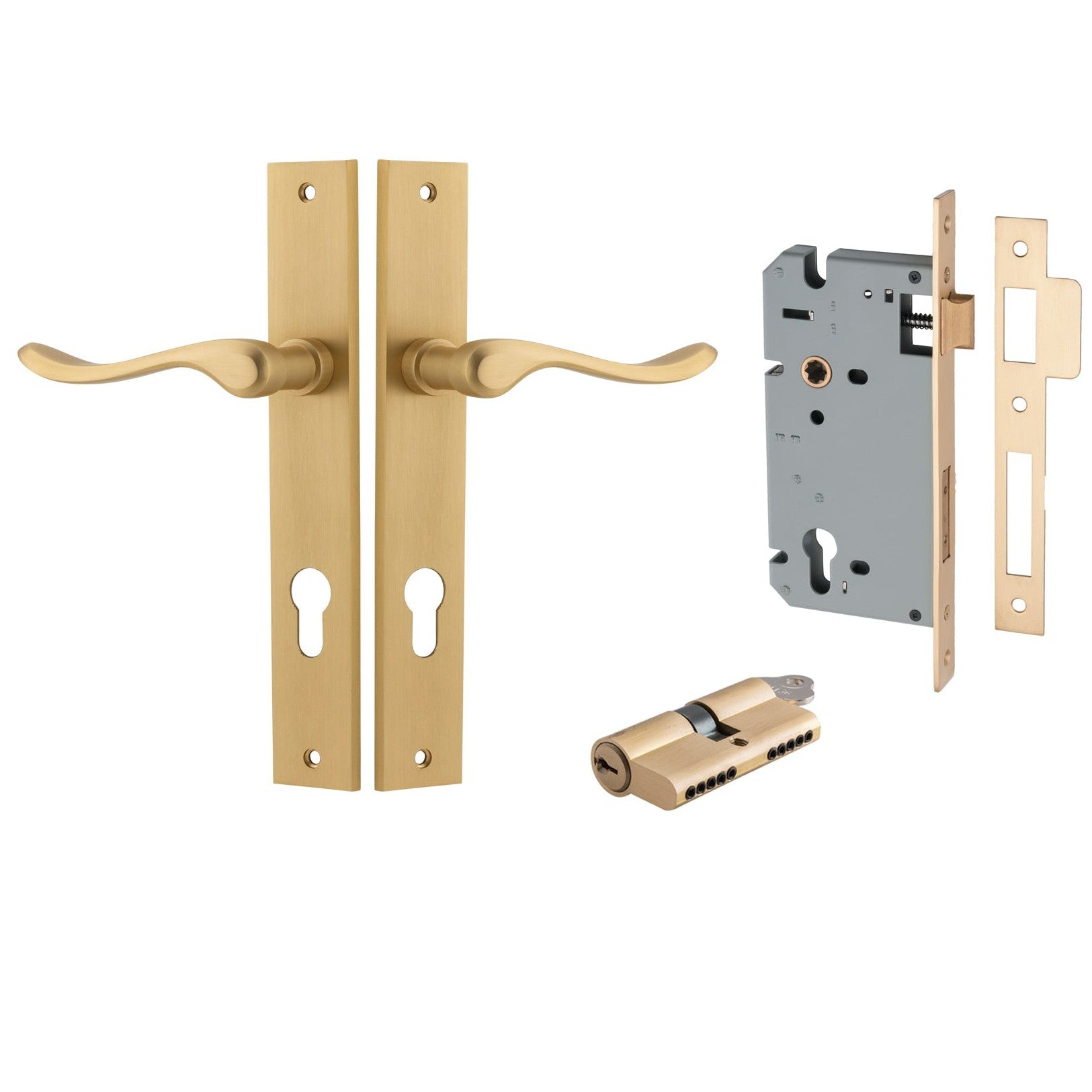 Iver Door Handle Stirling Rectangular Euro Pair Key/Key Brushed Brass Entrance Kit