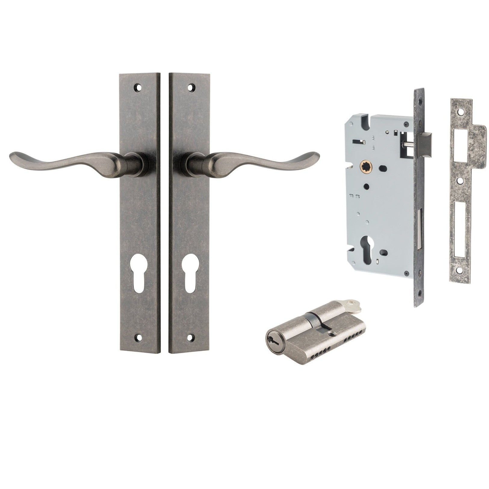 Iver Door Handle Stirling Rectangular Euro Pair Key/Key Distressed Nickel Entrance Kit