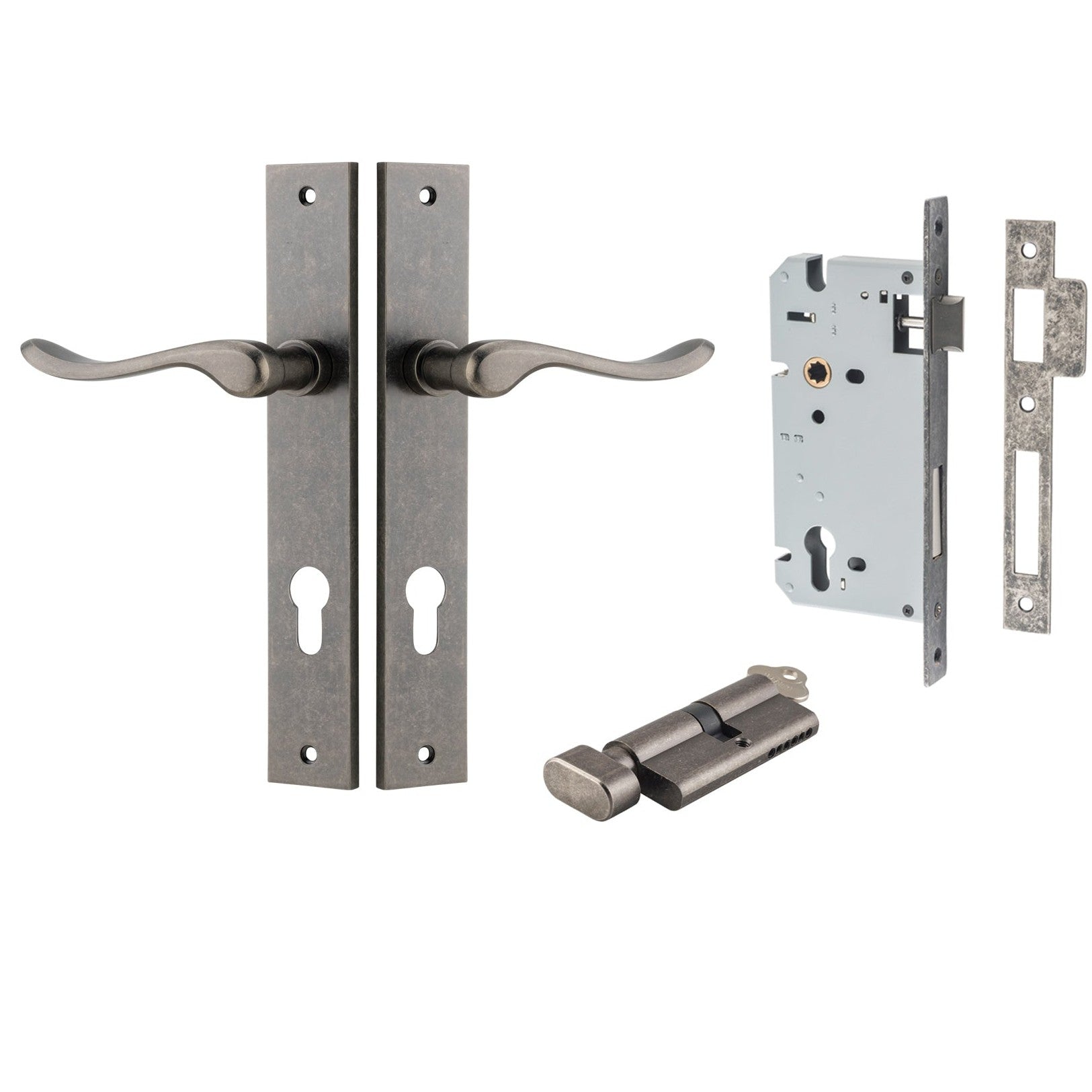 Iver Door Handle Stirling Rectangular Euro Pair Key/Thumb Distressed Nickel Entrance Kit