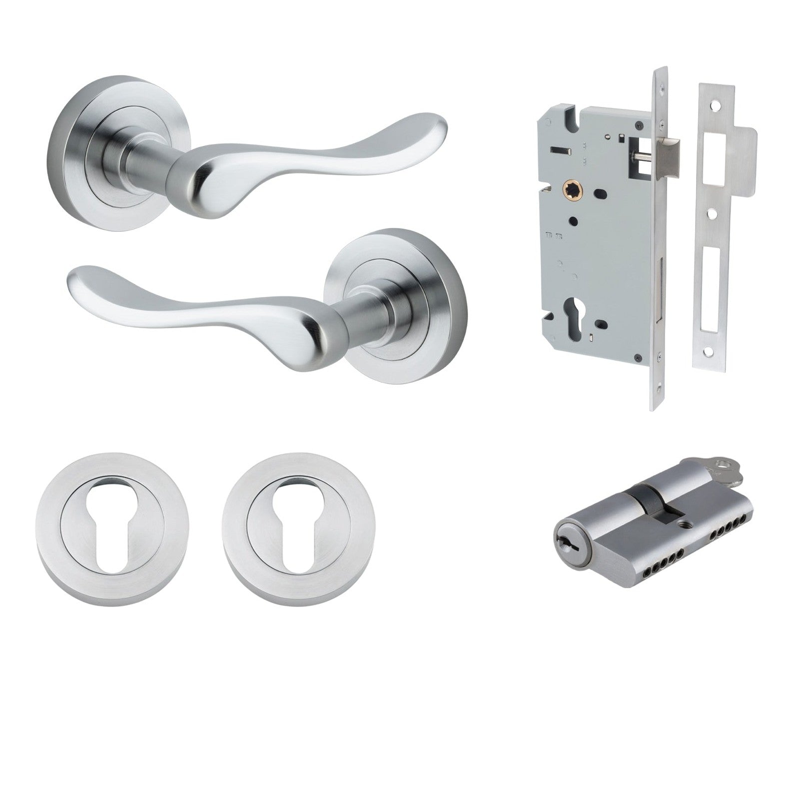 Iver Door Handle Stirling Round Rose Key/Key Brushed Chrome Entrance Kit