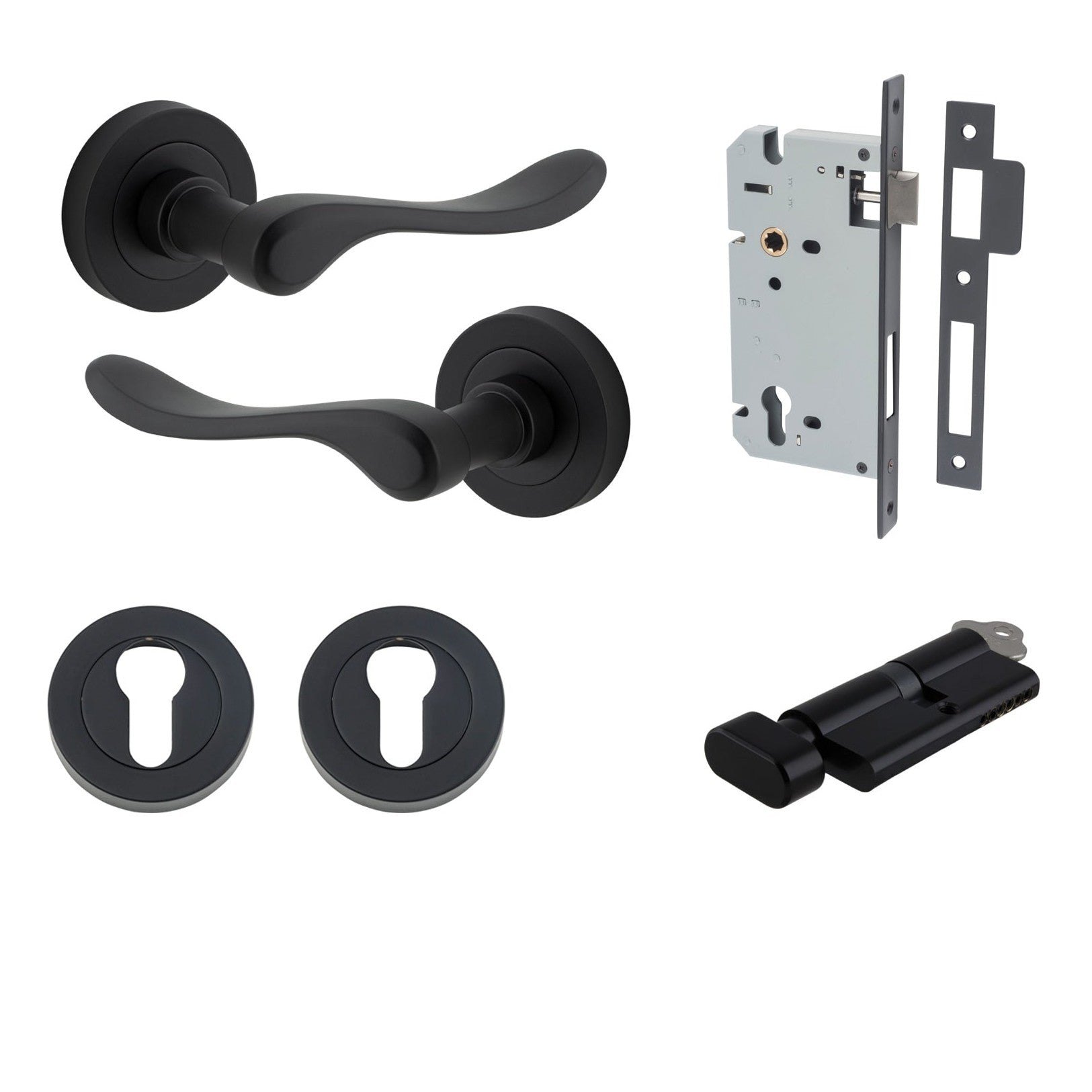 Iver Door Handle Stirling Round Rose Key/Thumb Matt Black Entrance Kit