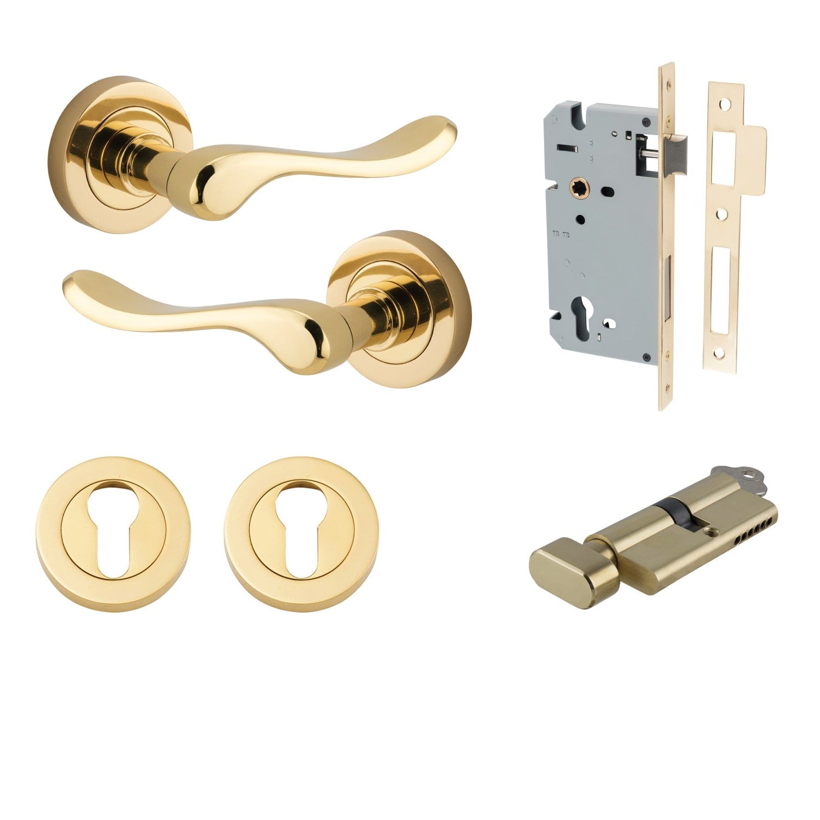 Iver Door Handle Stirling Round Rose Key/Thumb Polished Brass Entrance Kit