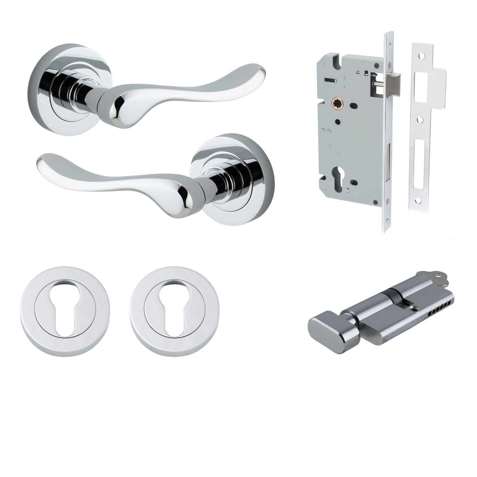 Iver Door Handle Stirling Round Rose Key/Thumb Polished Chrome Entrance Kit