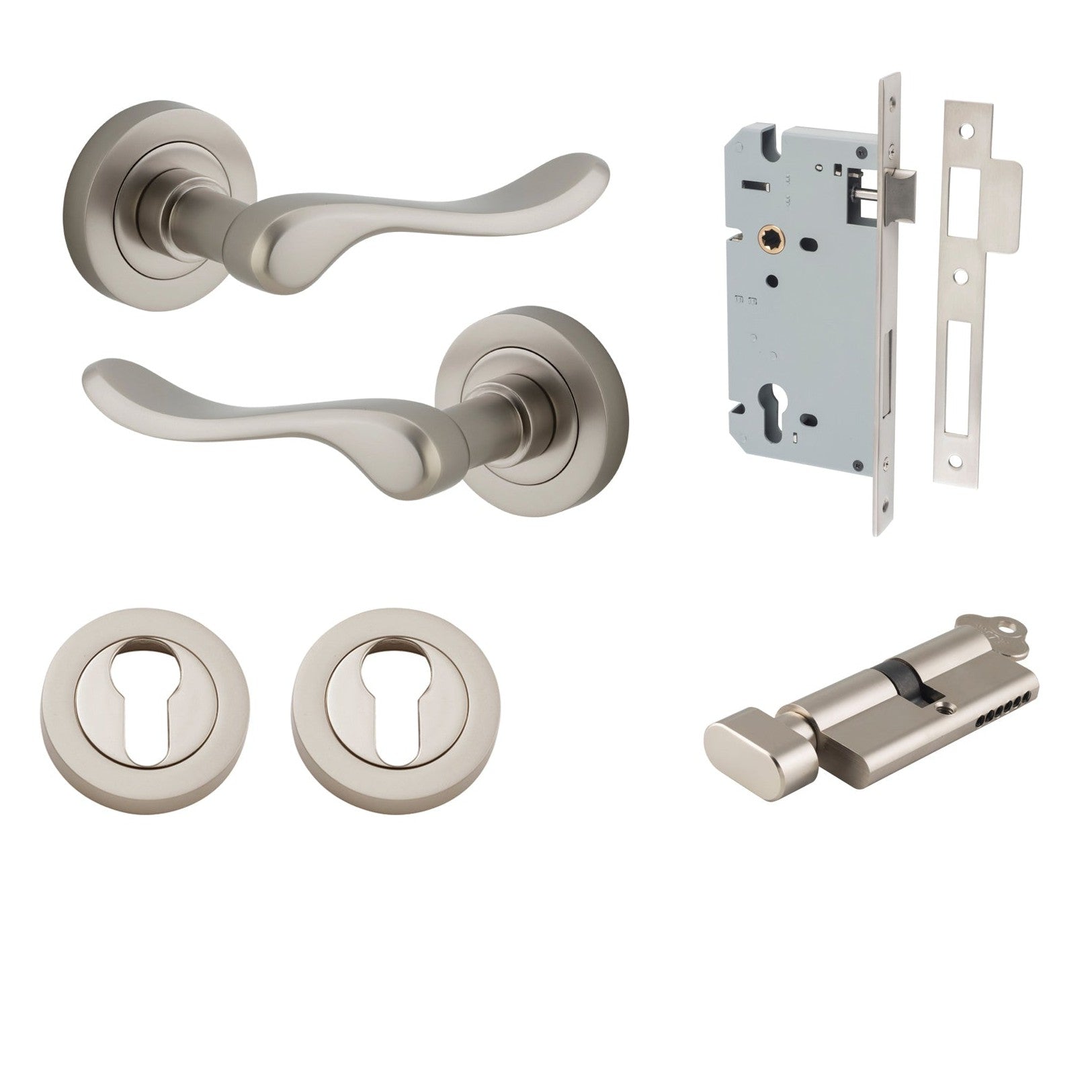 Iver Door Handle Stirling Round Rose Key/Thumb Satin Nickel Entrance Kit