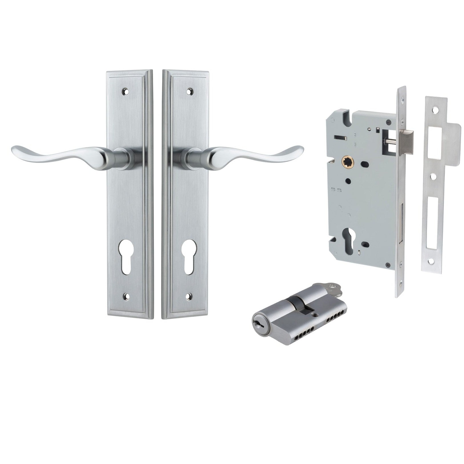 Iver Door Handle Stirling Stepped Euro Pair Key/Key Brushed Chrome Entrance Kit