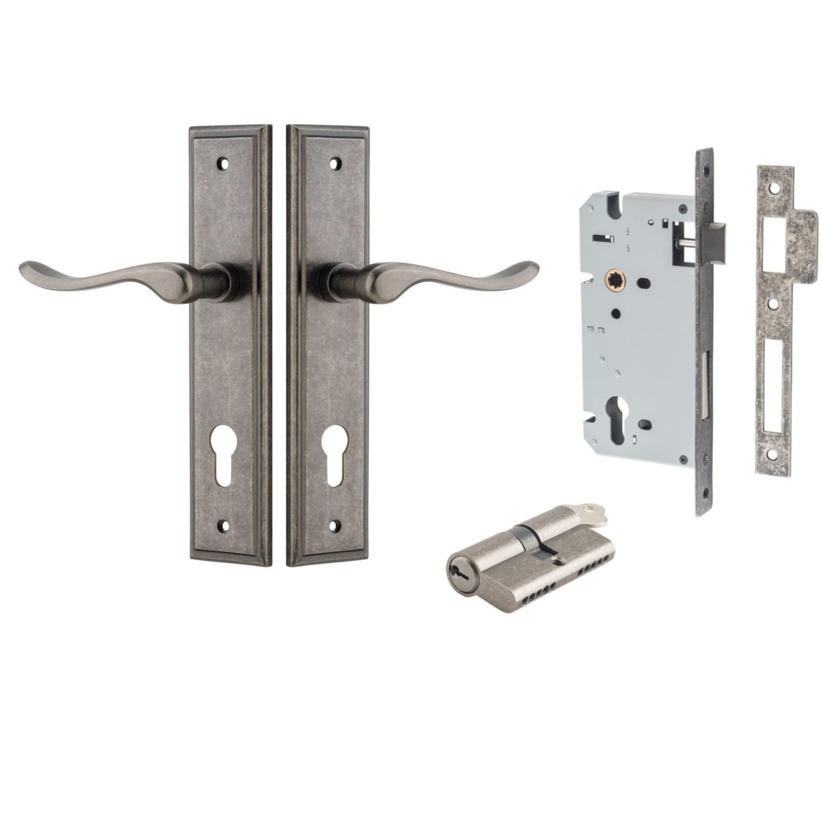 Iver Door Handle Stirling Stepped Euro Pair Key/Key Distressed Nickel Entrance Kit