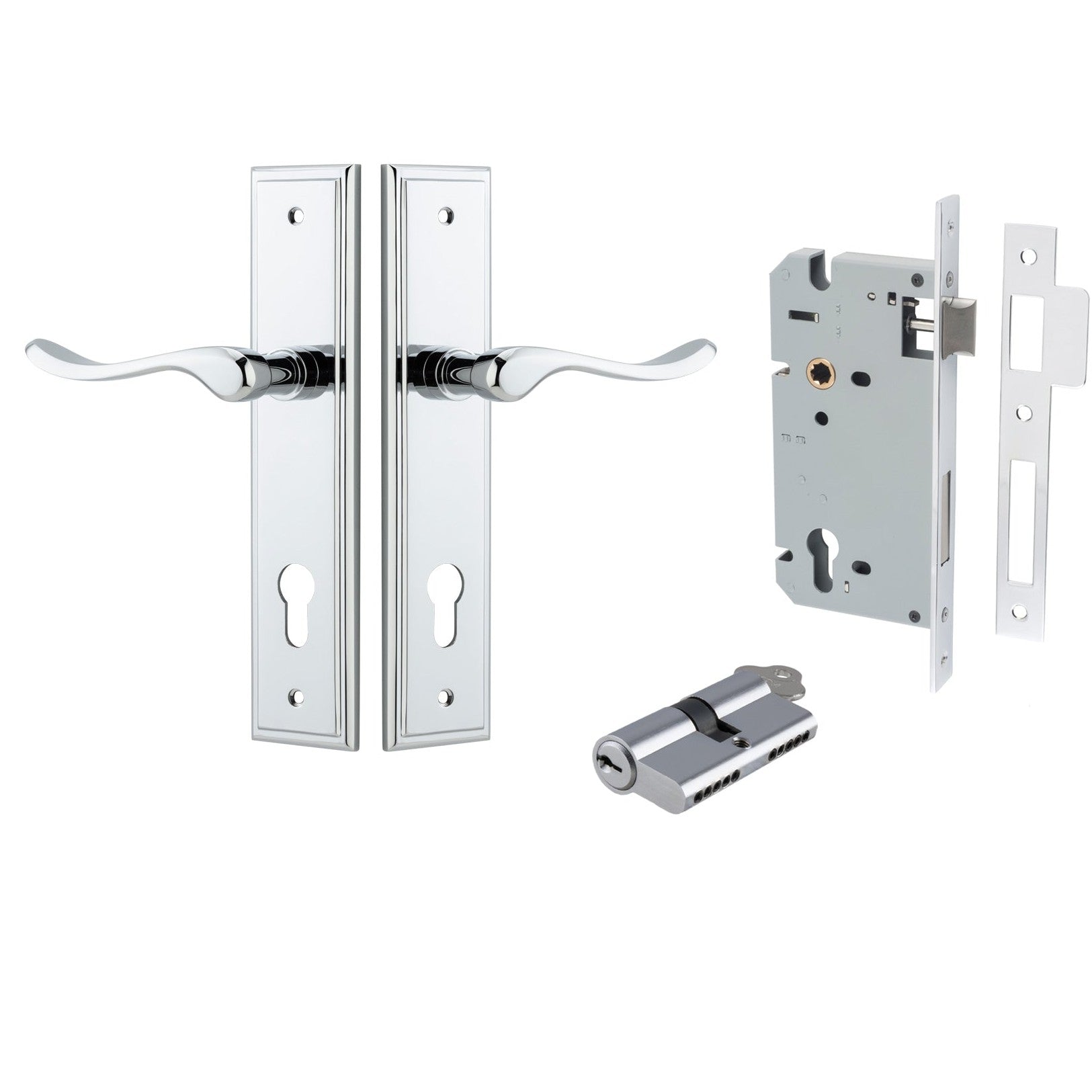 Iver Door Handle Stirling Stepped Euro Pair Key/Key Polished Chrome Entrance Kit