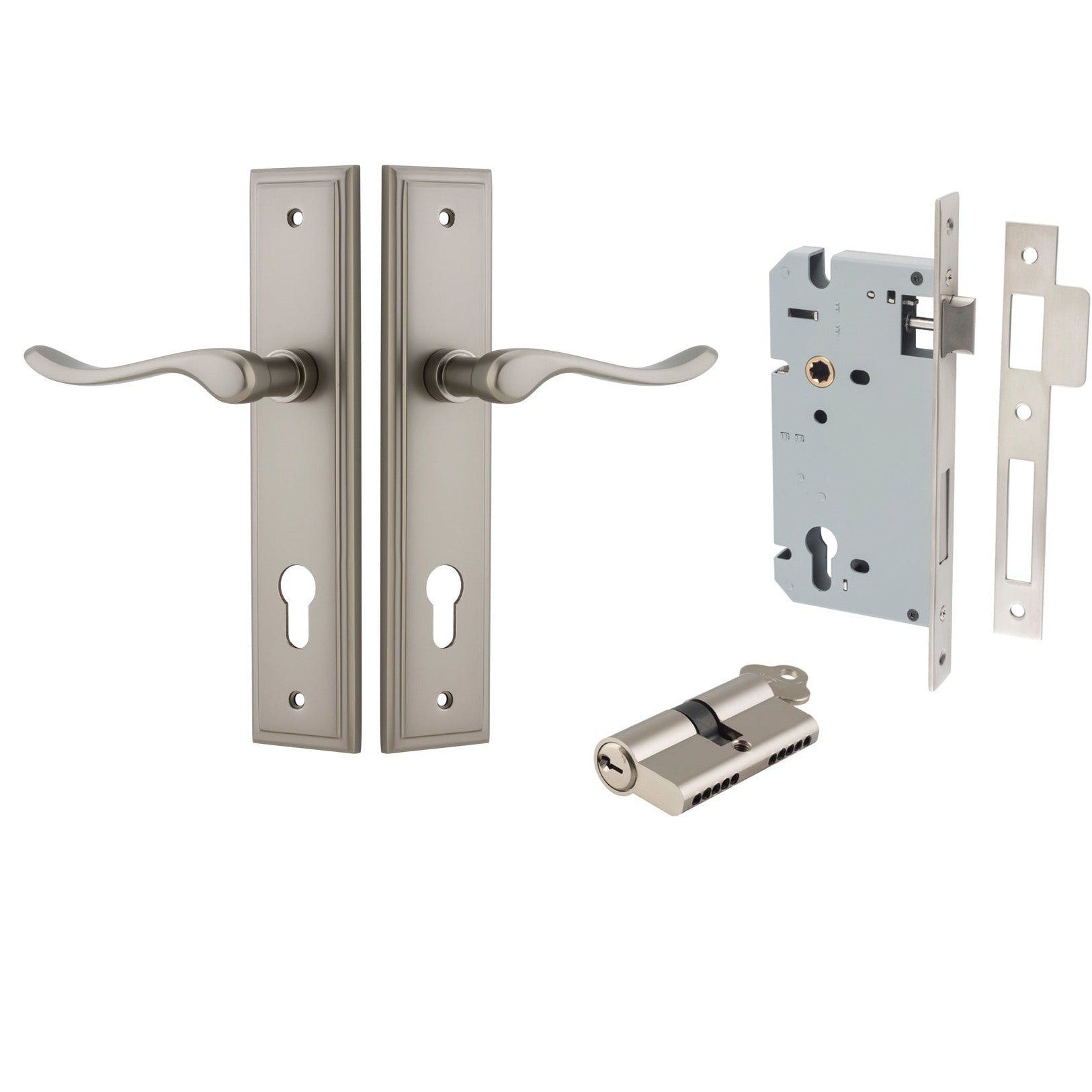 Iver Door Handle Stirling Stepped Euro Pair Key/Key Satin Nickel Entrance Kit