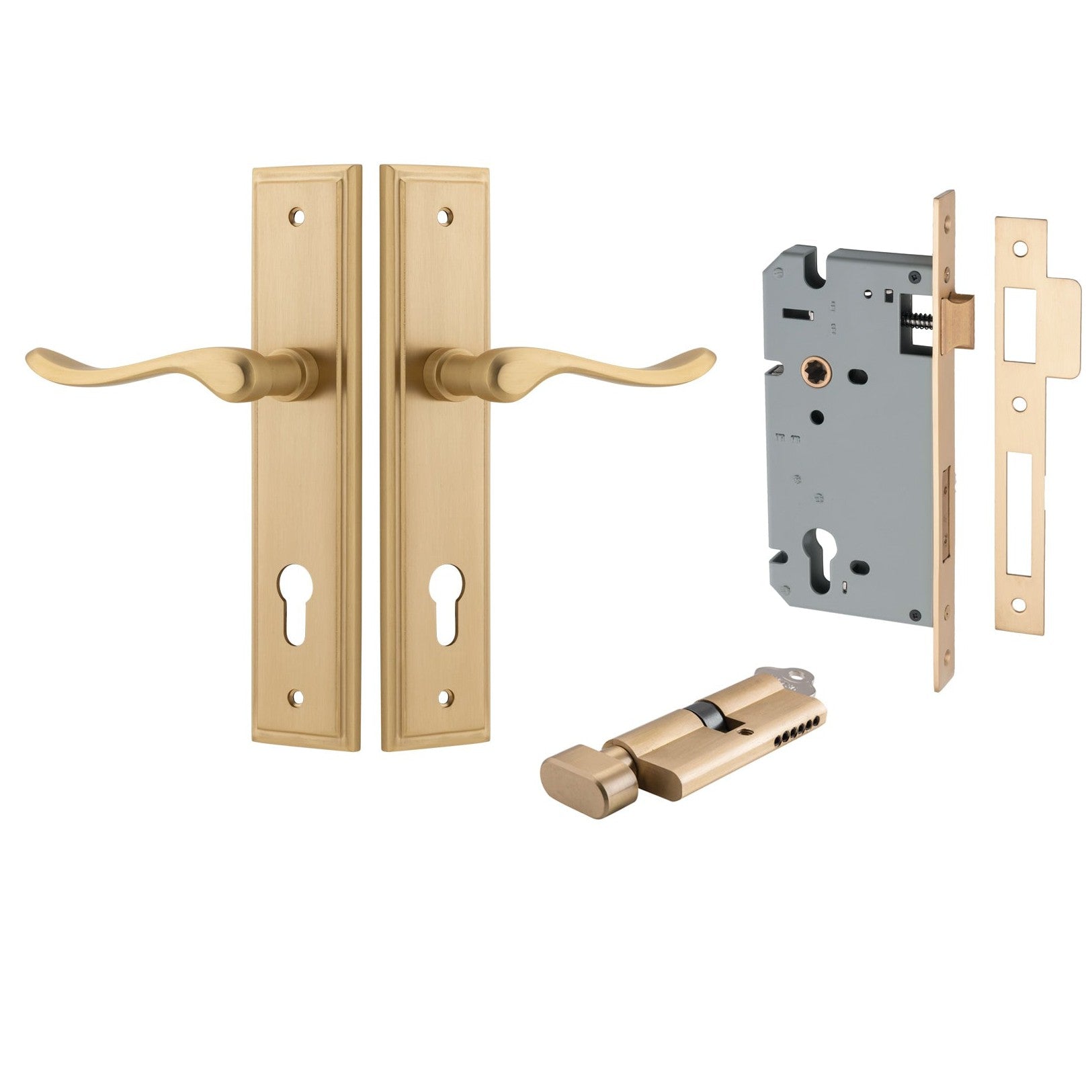 Iver Door Handle Stirling Stepped Euro Pair Key/Thumb Brushed Brass Entrance Kit