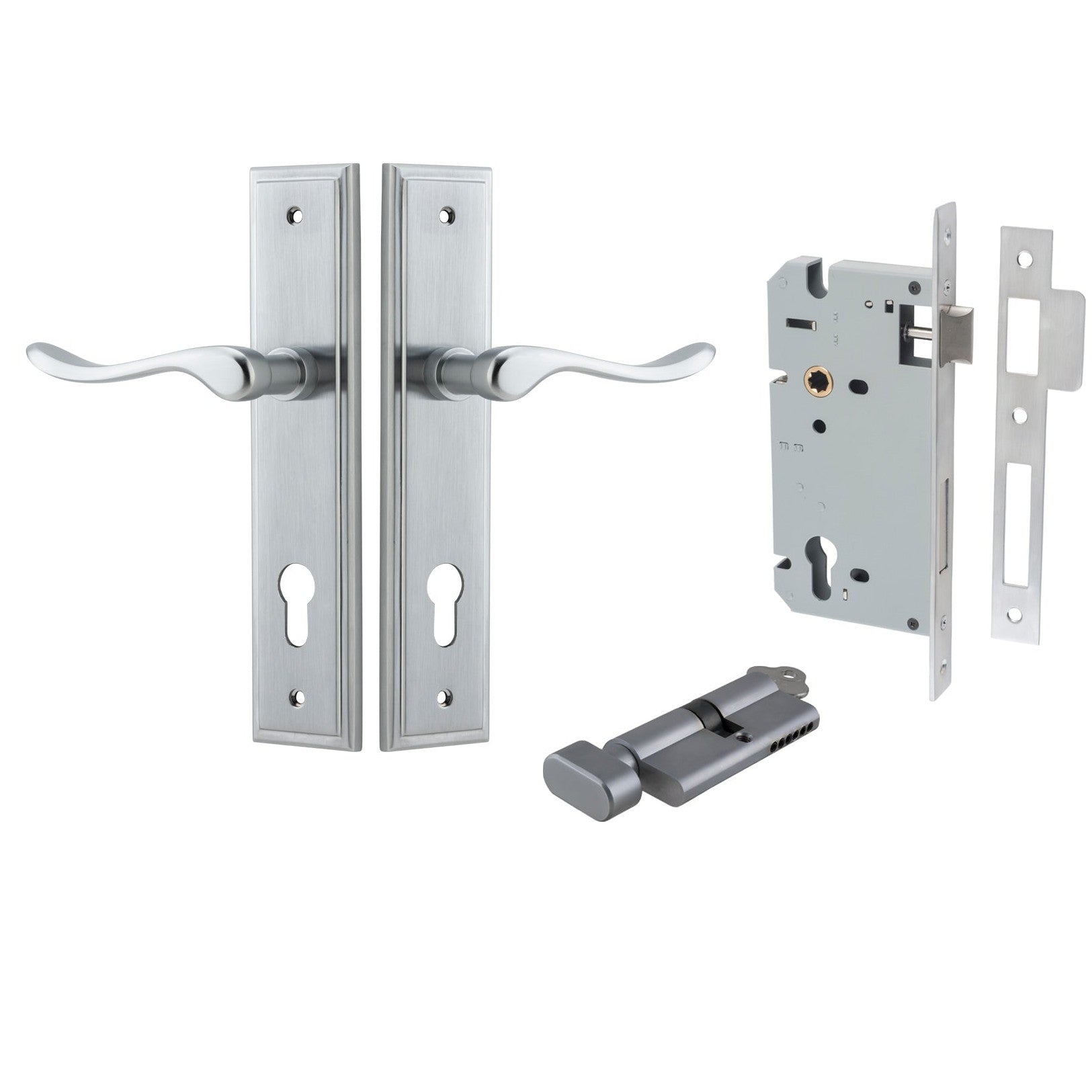 Iver Door Handle Stirling Stepped Euro Pair Key/Thumb Brushed Chrome Entrance Kit