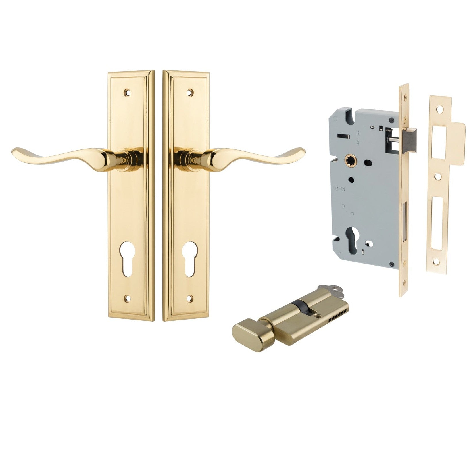 Iver Door Handle Stirling Stepped Euro Pair Key/Thumb Polished Brass Entrance Kit