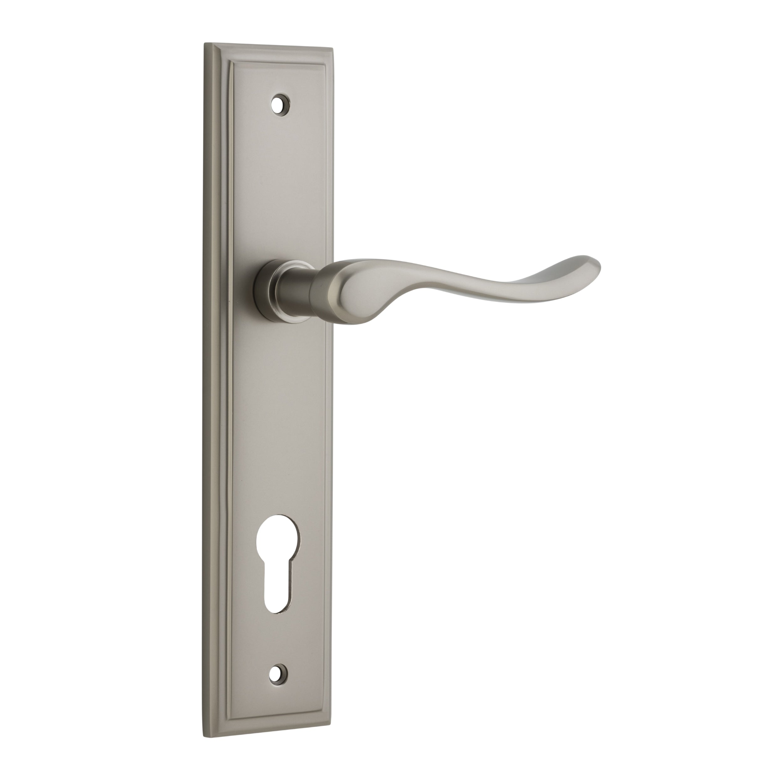 Iver Door Handle Stirling Stepped Euro Pair Satin Nickel