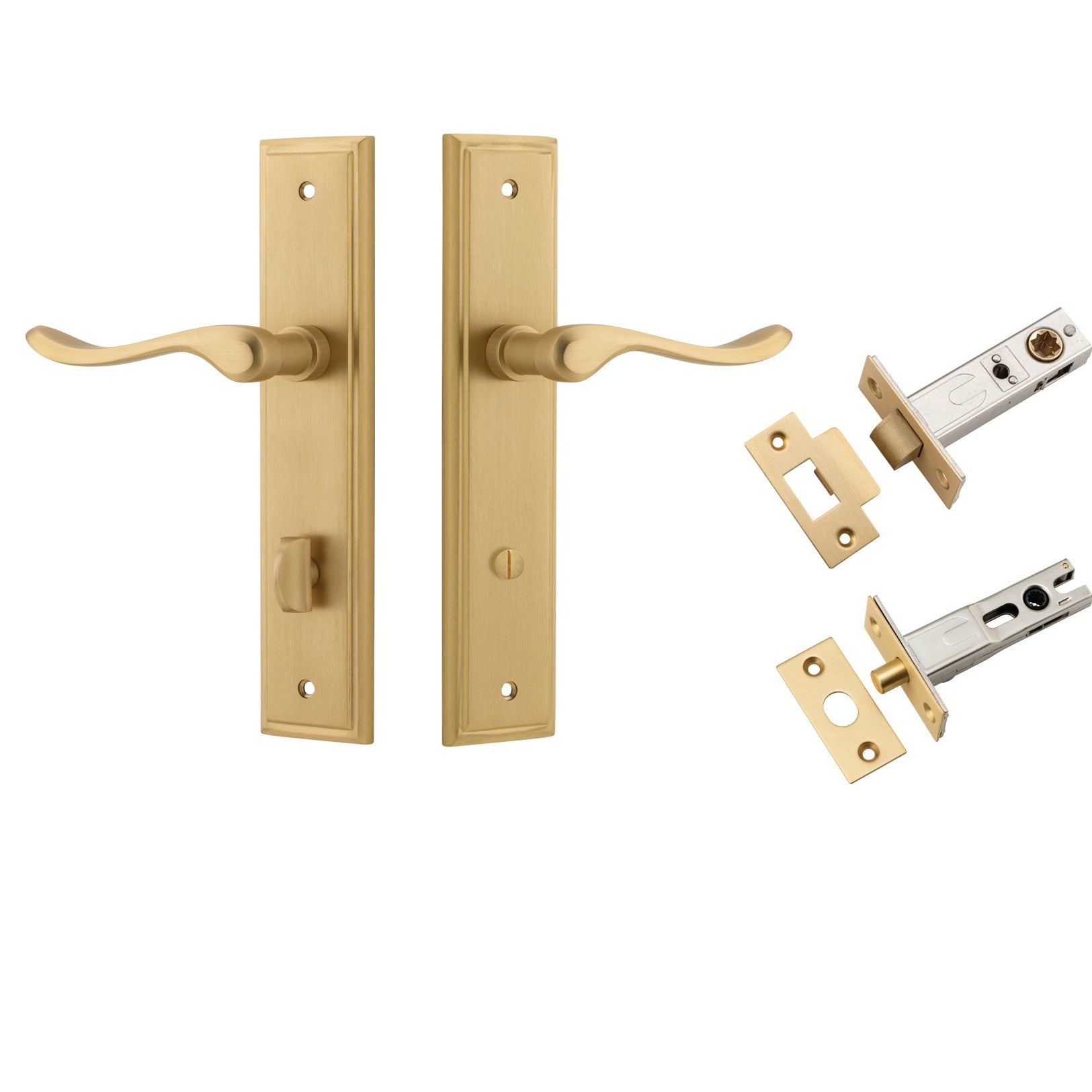 Iver Door Handle Stirling Stepped Privacy Pair Brushed Brass Inbuilt Privacy Kit