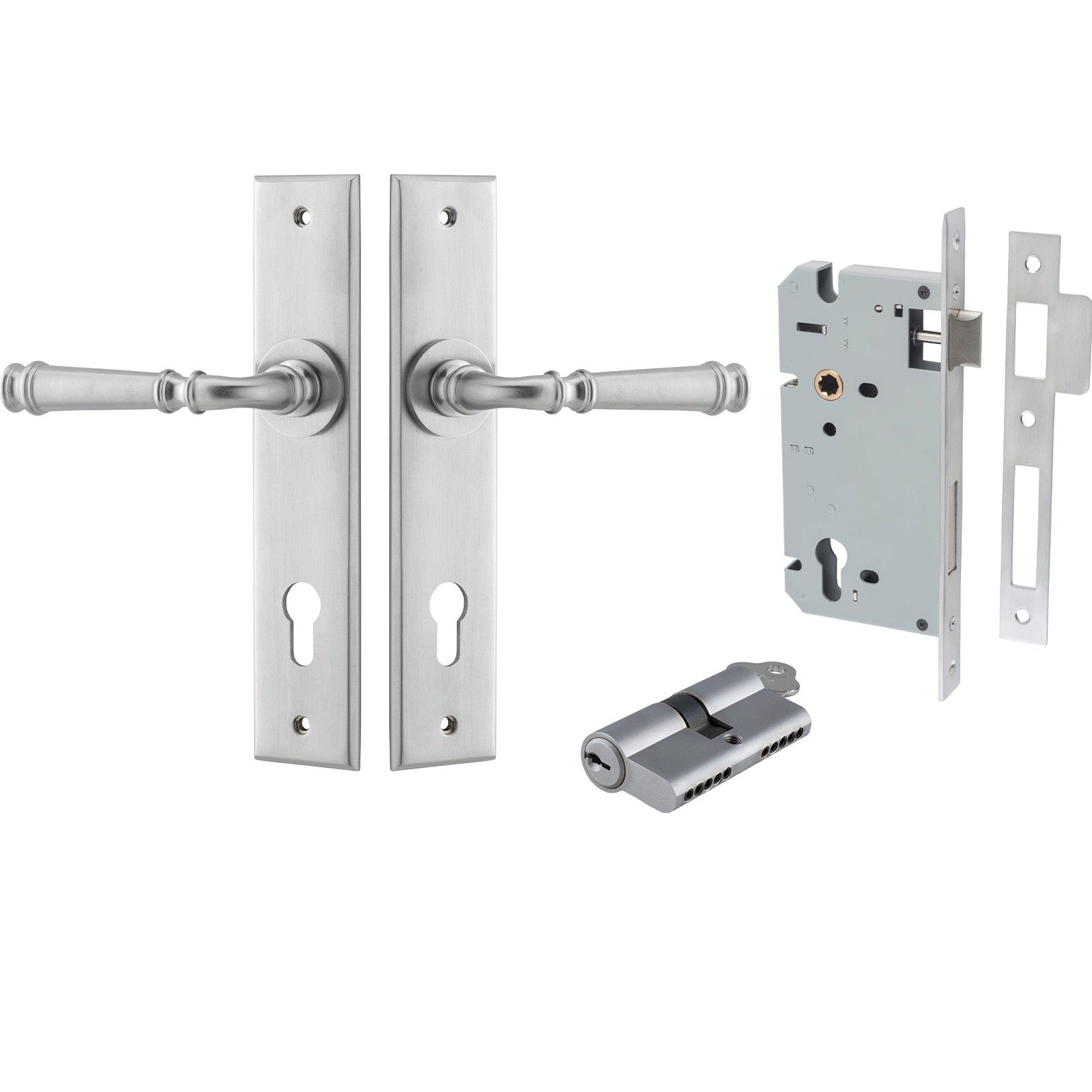 Iver Door Handle Verona Chamfered Key/Key Brushed Chrome Entrance Kit