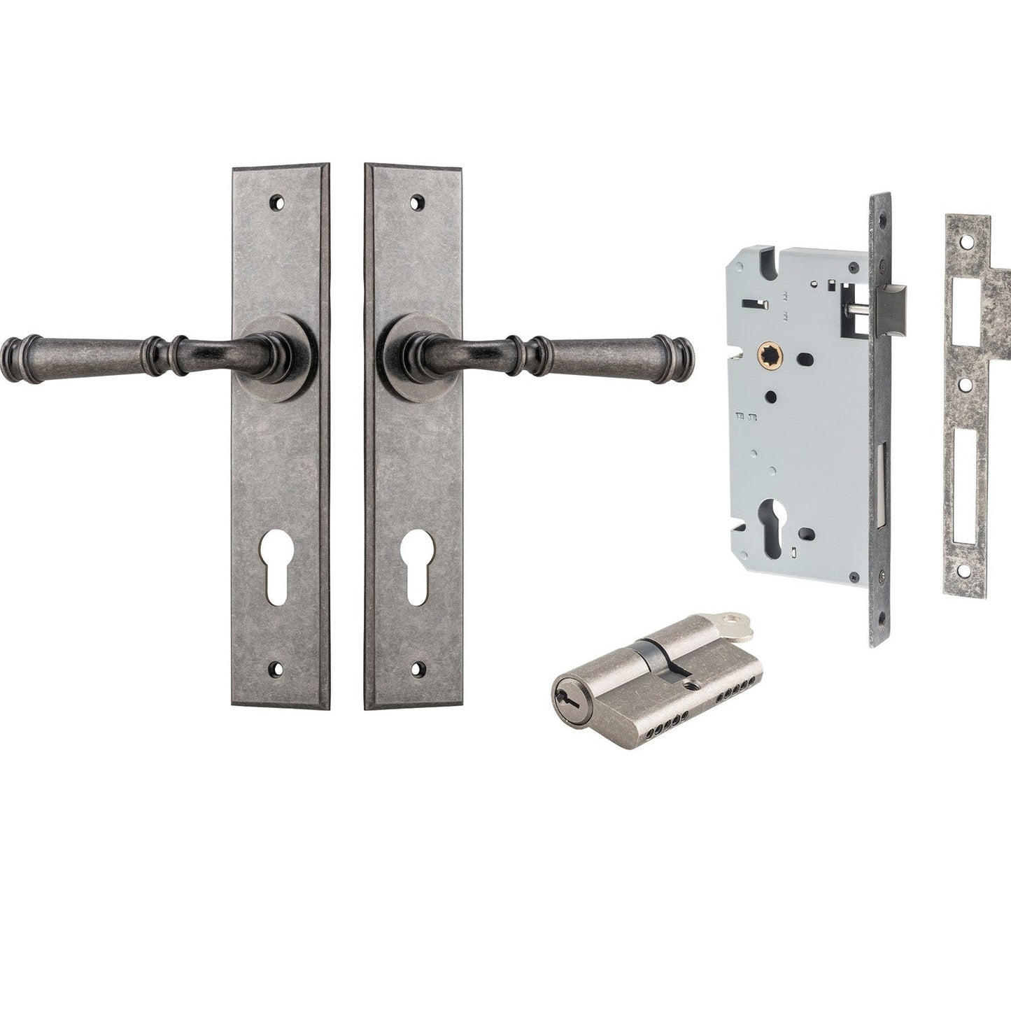 Iver Door Handle Verona Chamfered Key/Key Distressed Nickel Entrance Kit