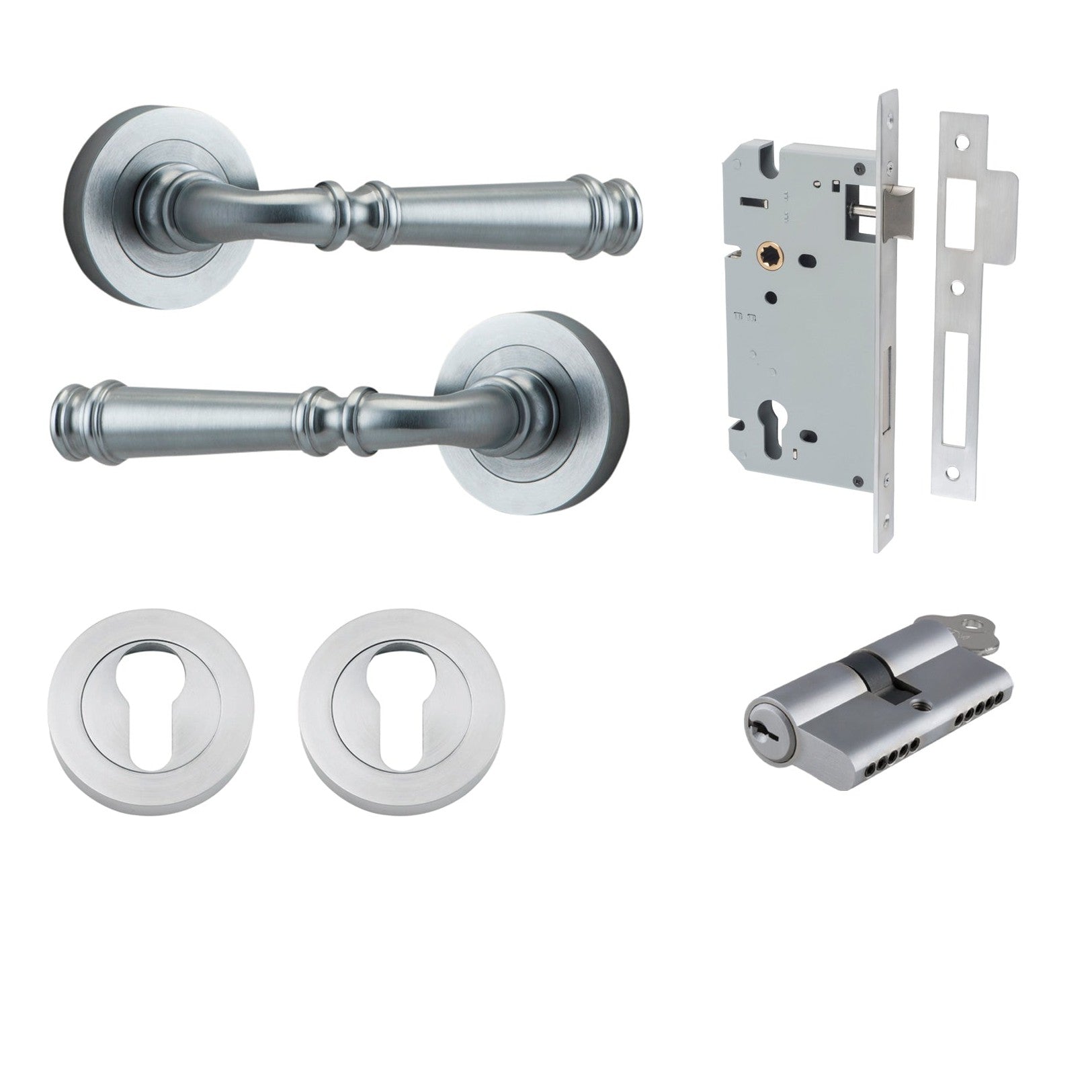 Iver Door Handle Verona Round Rose Pair Key/Key Brushed Chrome Entrance Kit